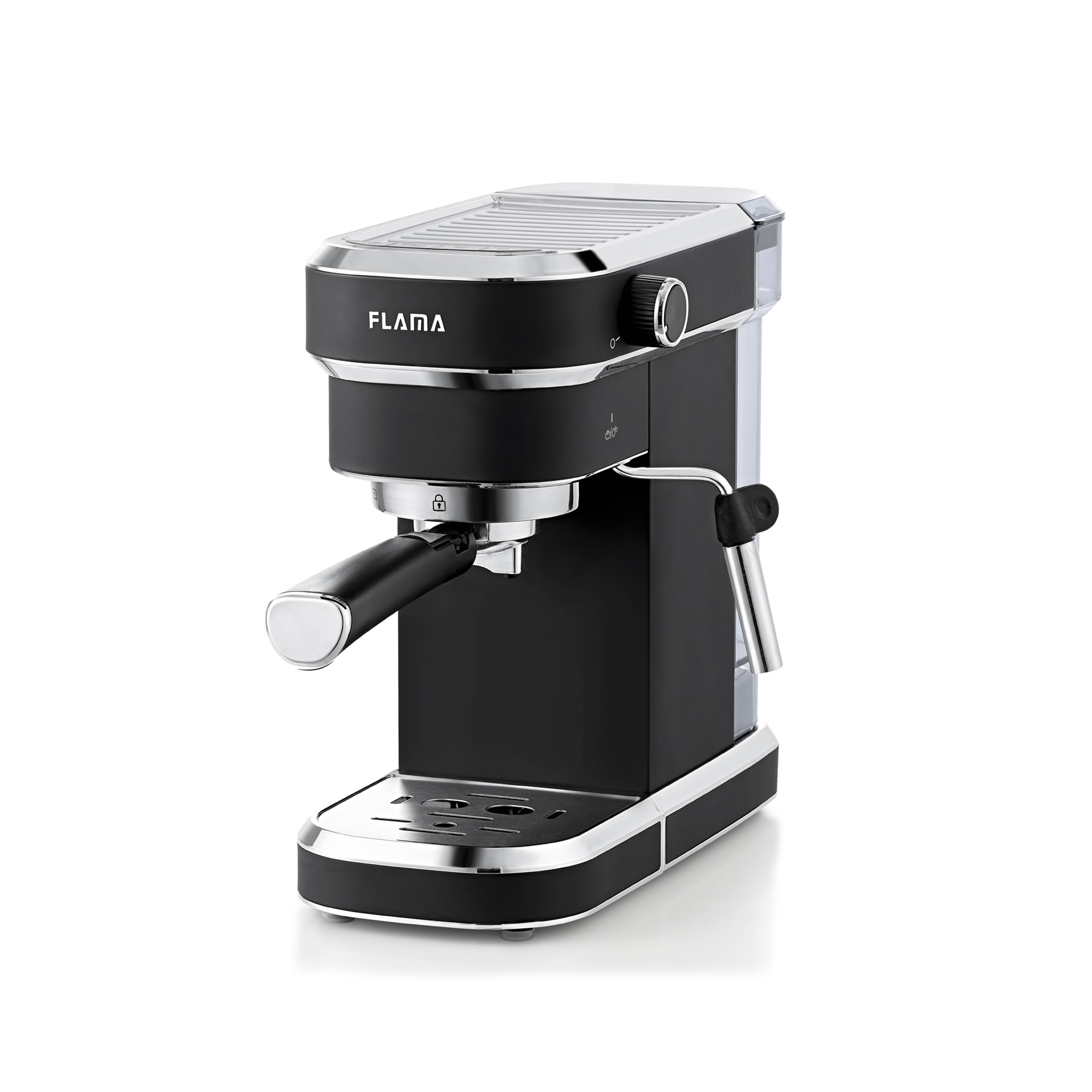 Una máquina de espresso negra y plateada con la marca FLAMA al frente.