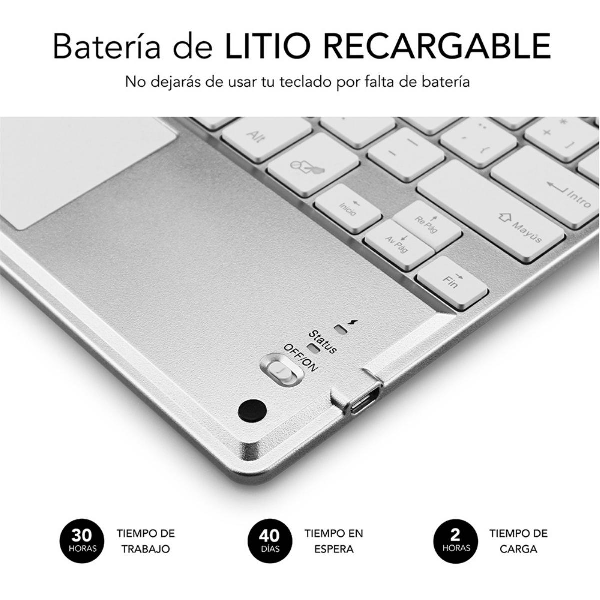 Teclado plateado con panel táctil, mostrando información de duración de batería, trabajo y espera.