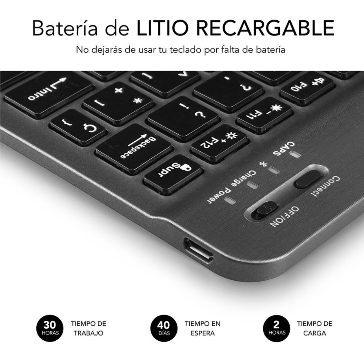 Primer plano de un teclado con indicador de batería y teclas de función.