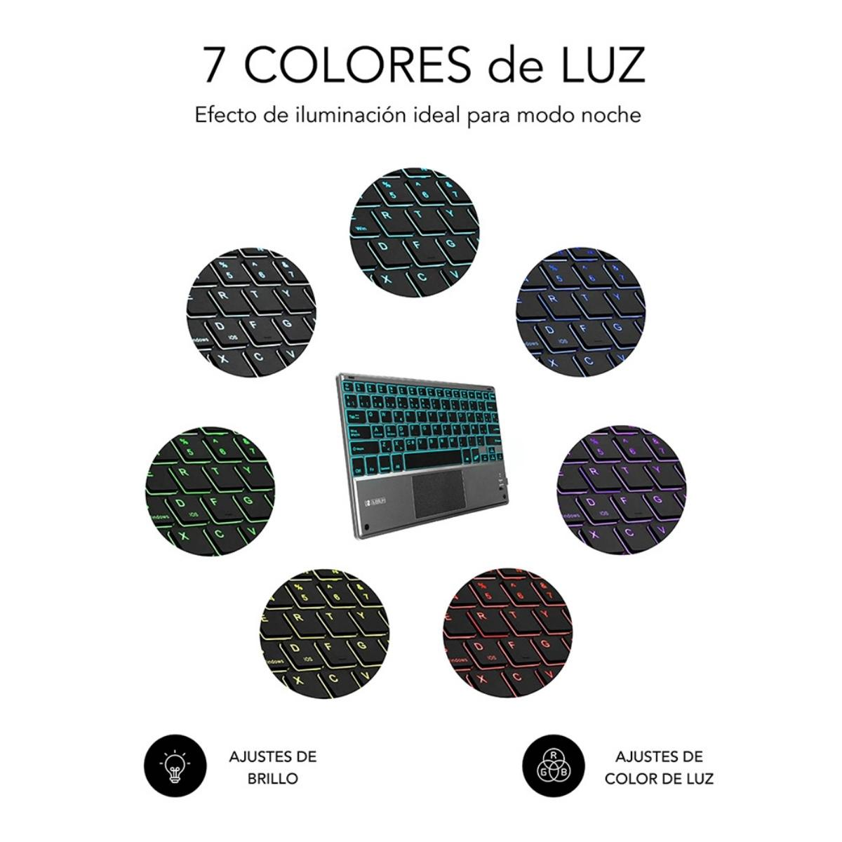 Teclado con 7 opciones de colores de luz. El teclado muestra diferentes patrones de luz y controles de brillo.