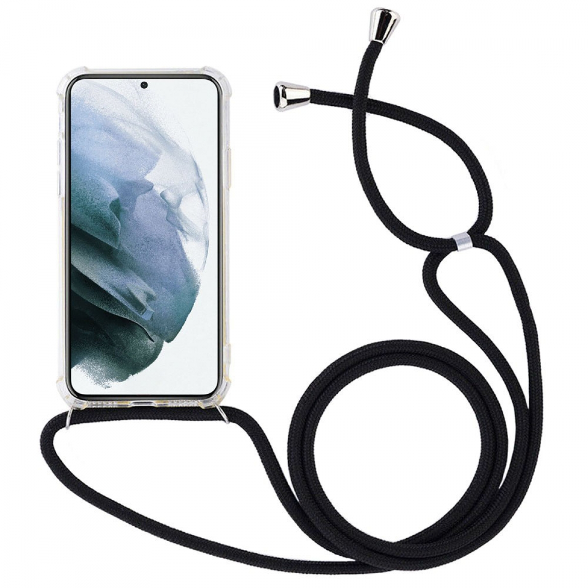 Eine durchsichtige Handyhülle mit einem Telefon darin, verbunden mit einem schwarzen Schlüsselband mit silbernen Akzenten.