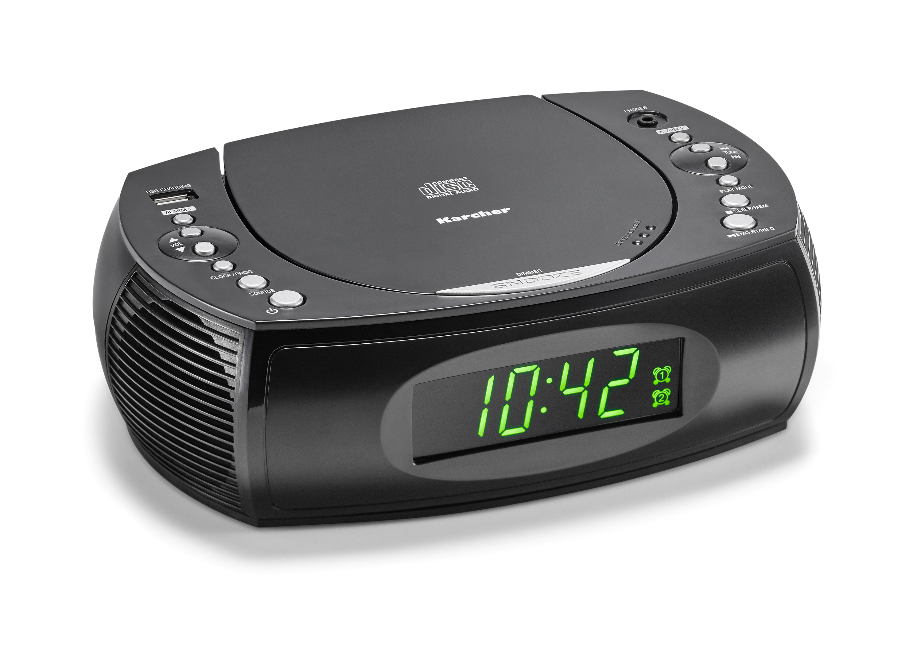 Ein schwarzes Karcher-Radiowecker mit digitaler Zeitanzeige und CD-Player.