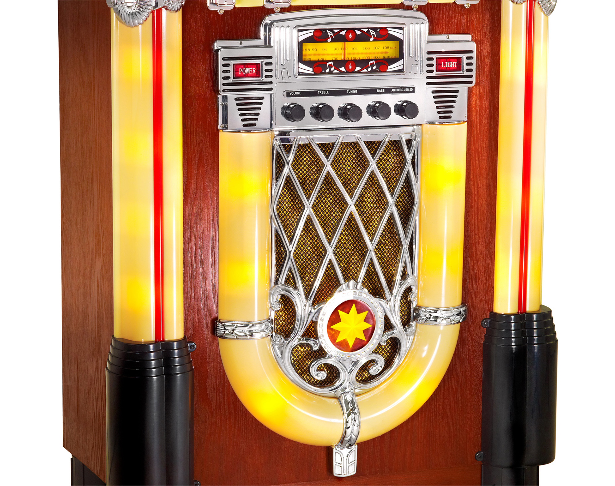 Retro-Jukebox mit eingeschalteten Lichtern. Holzschrank mit gelben Lichtern und Chromakzenten.