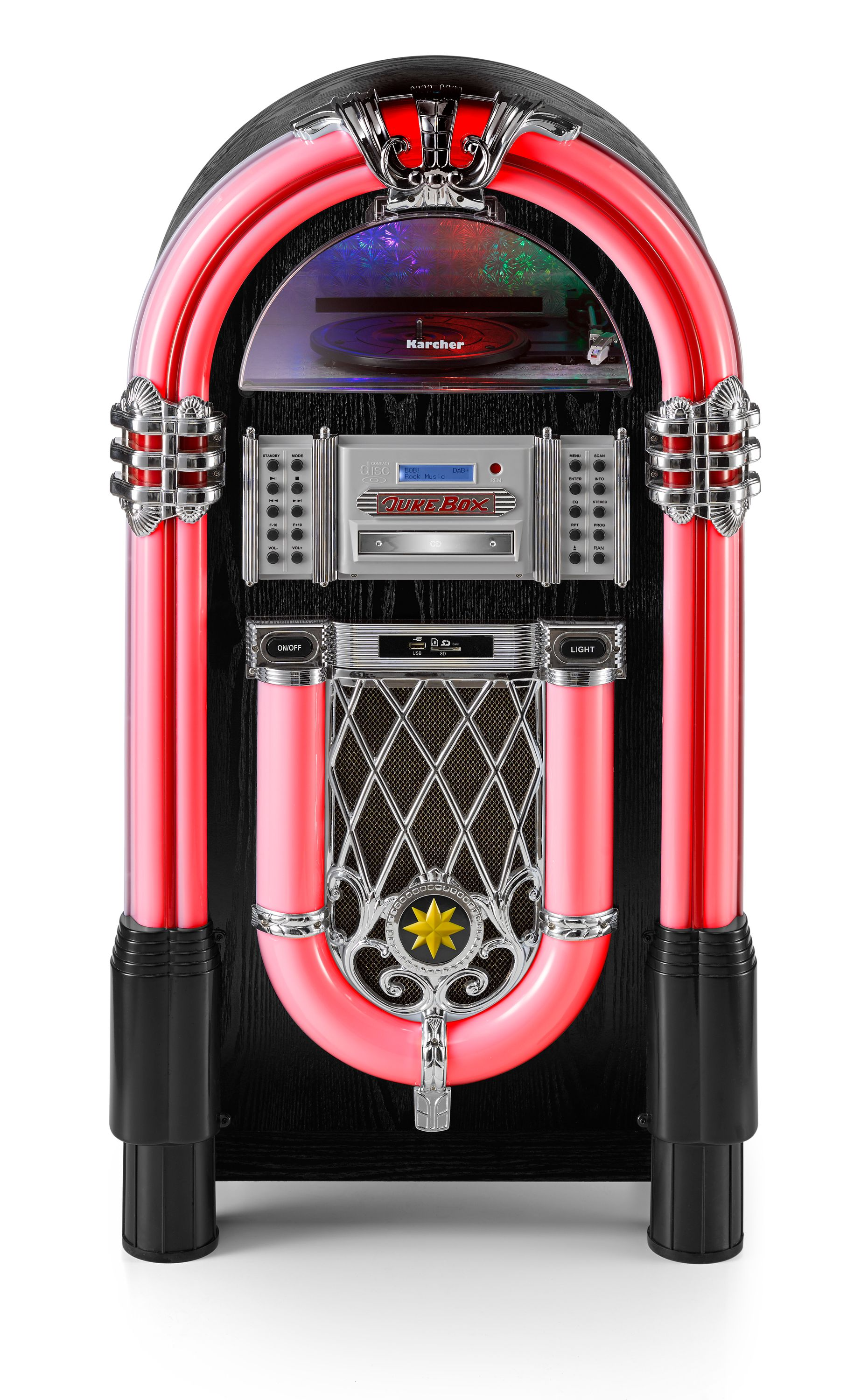 Eine rote und schwarze Jukebox mit Lichtern und silberner Front, freigestellt, Frontansicht.