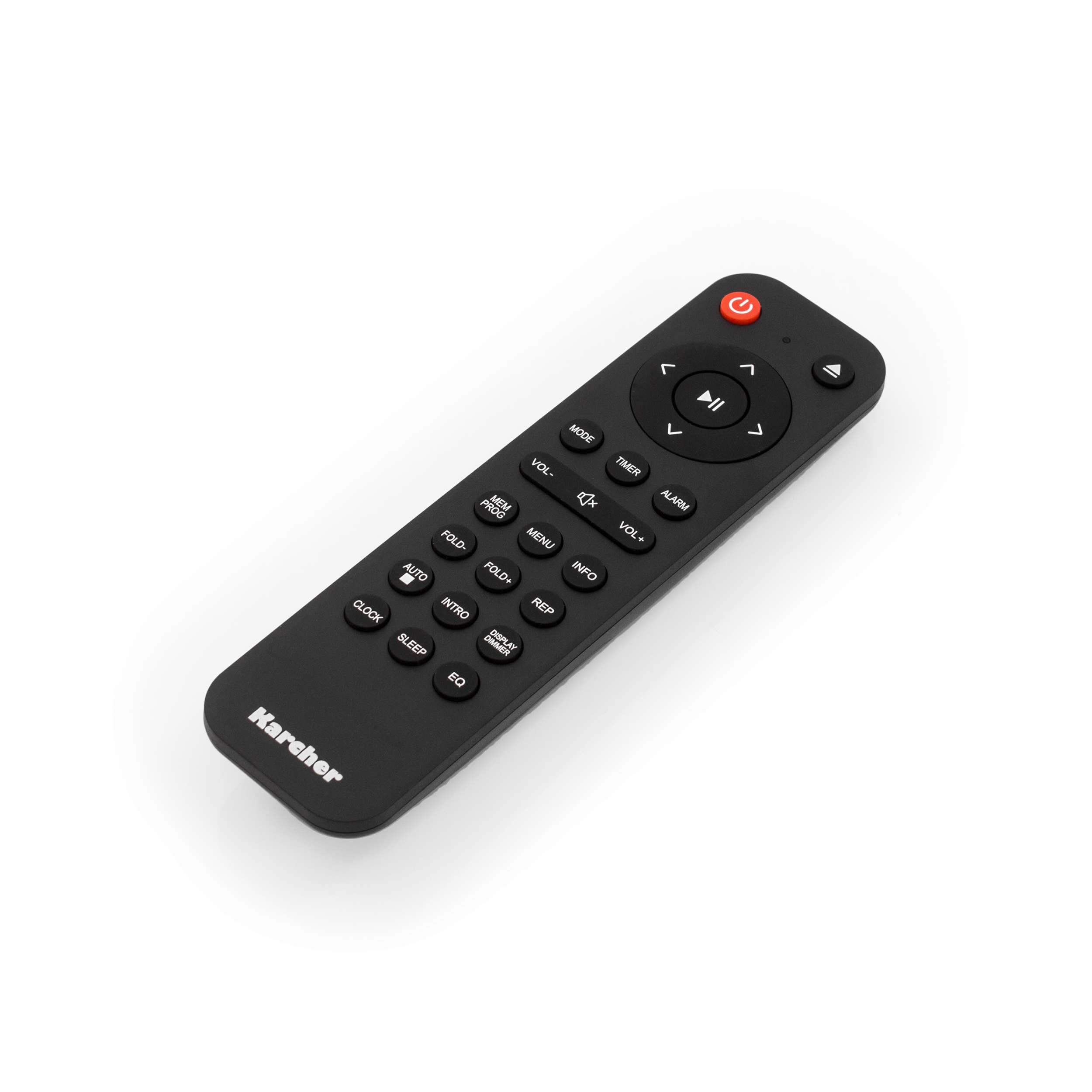 Télécommande Karcher noire avec bouton d'alimentation rouge et plusieurs boutons de fonction.
