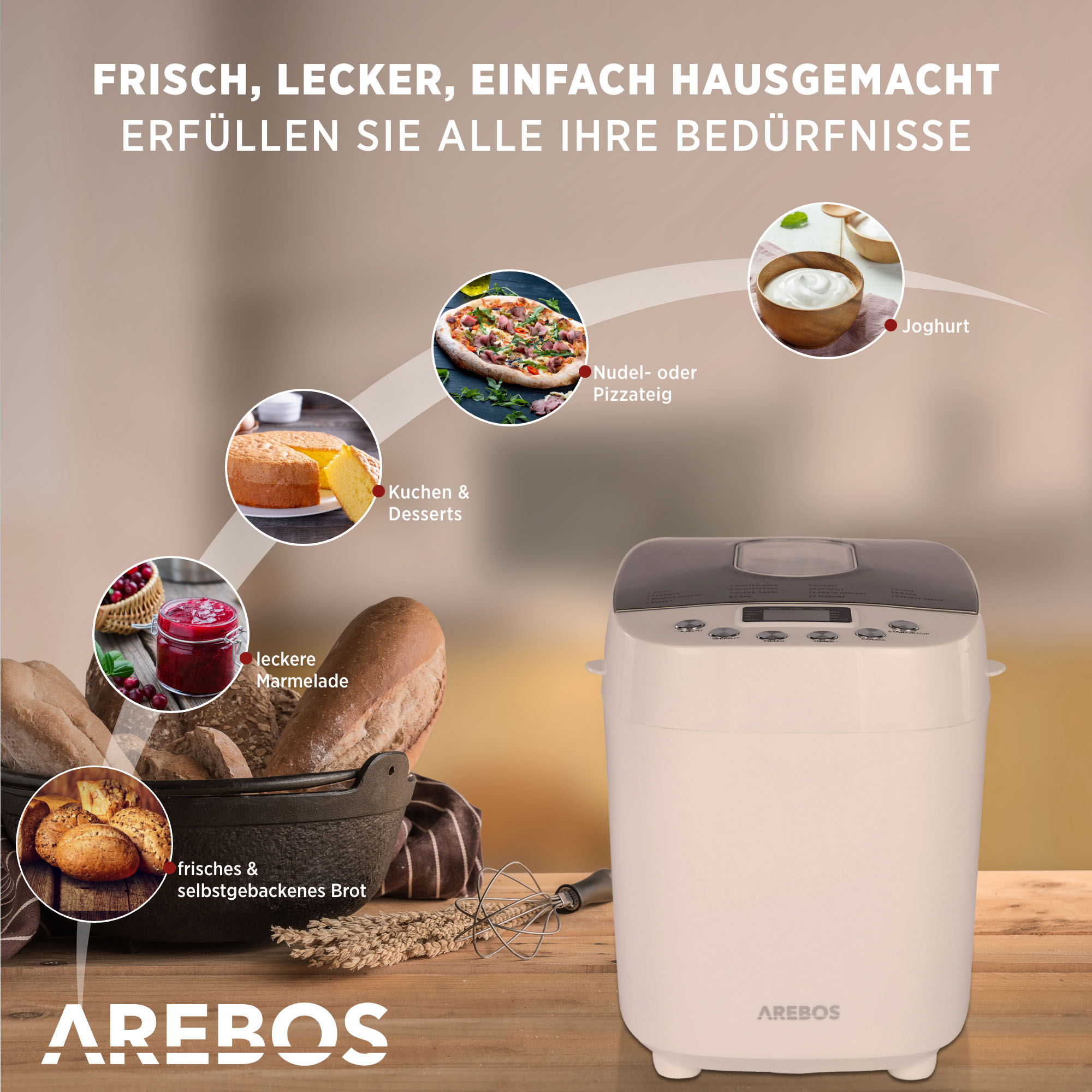 Ein Brotbackautomat mit Lebensmittelbildern wie Pizza, Brot, Kuchen und Marmelade auf einem Holztisch.
