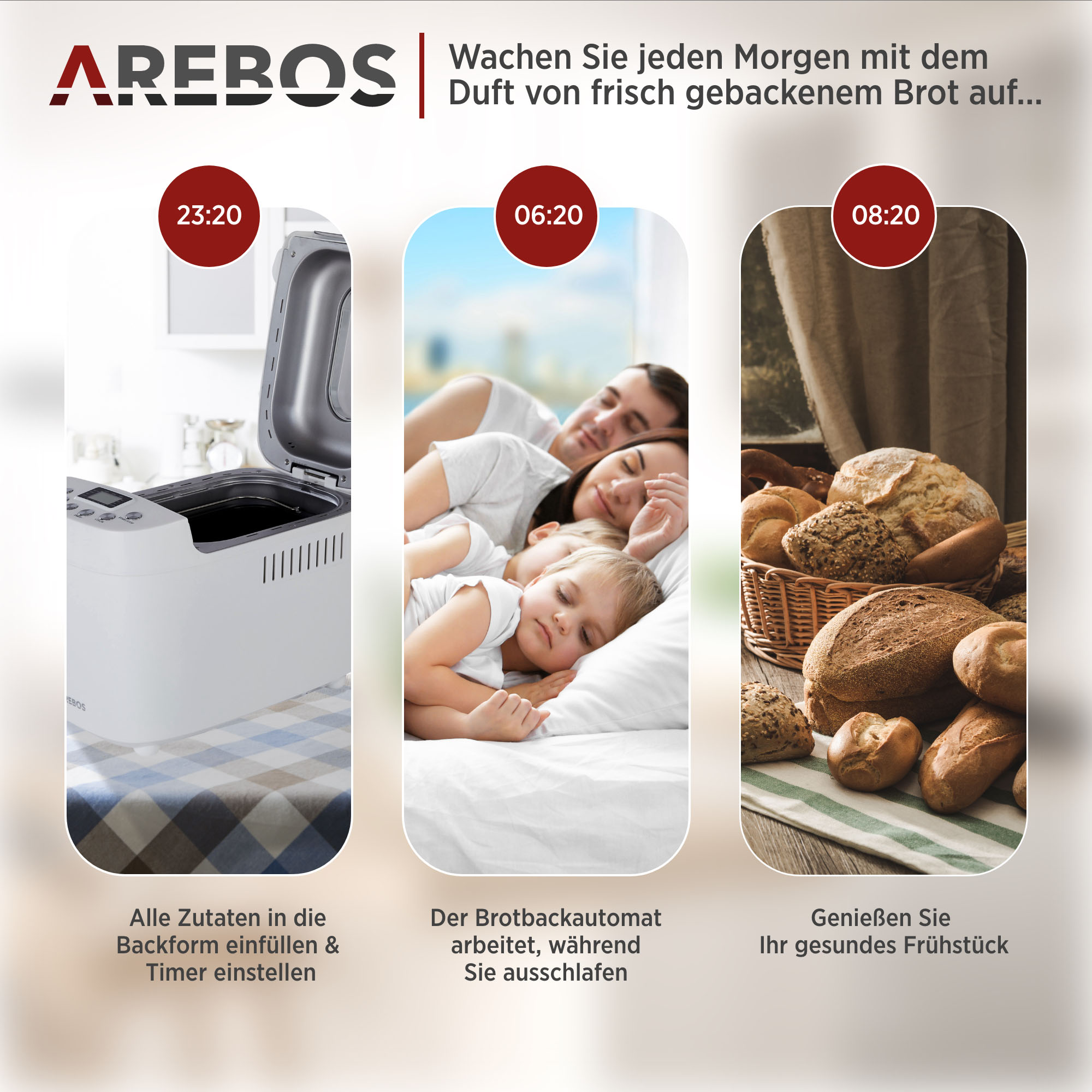 Bild zeigt Brotbackautomat, schlafende Familie und Frühstück mit Brot.
