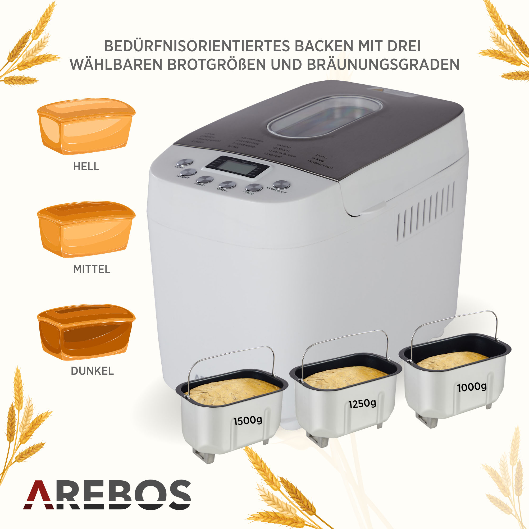 Brotbackmaschine mit Brotpfannen. Text auf Deutsch. Weißer Hintergrund.