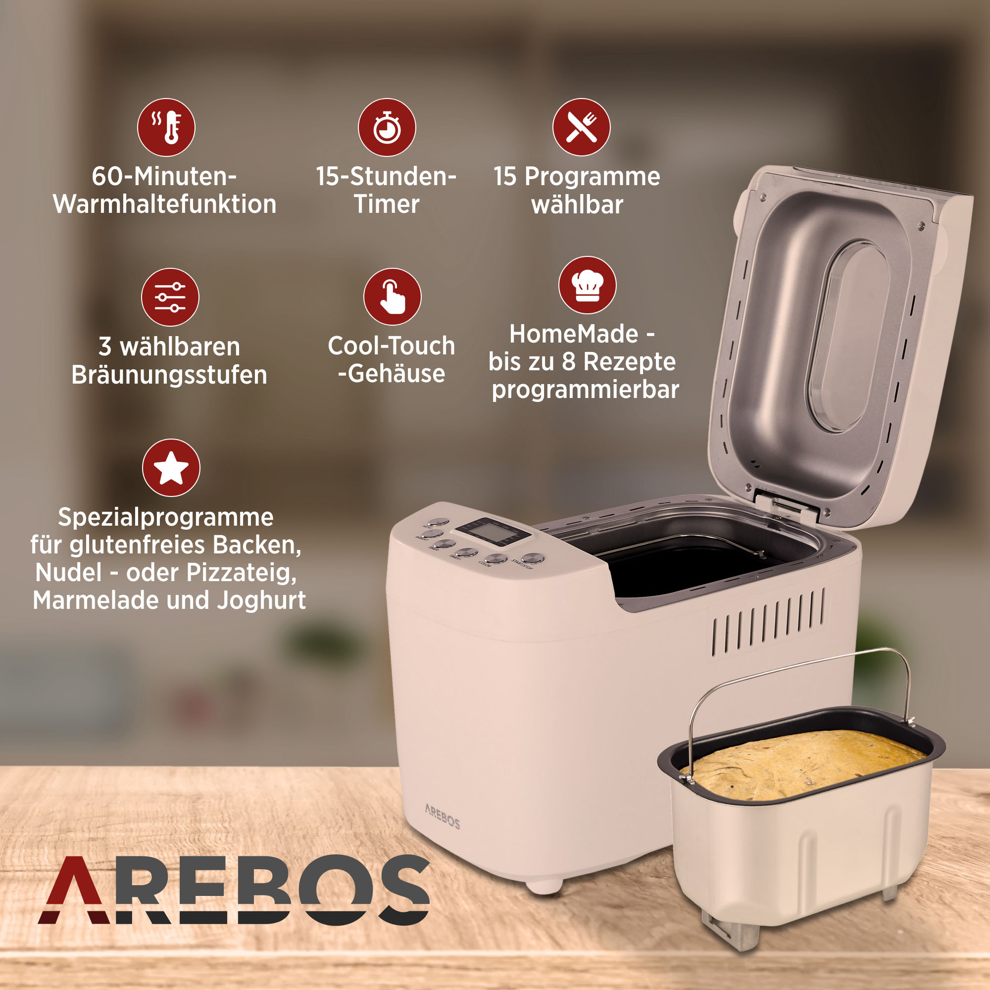 Weißer Brotbackautomat mit offenem Deckel, zeigt Brot, mit Symbolen und Text.