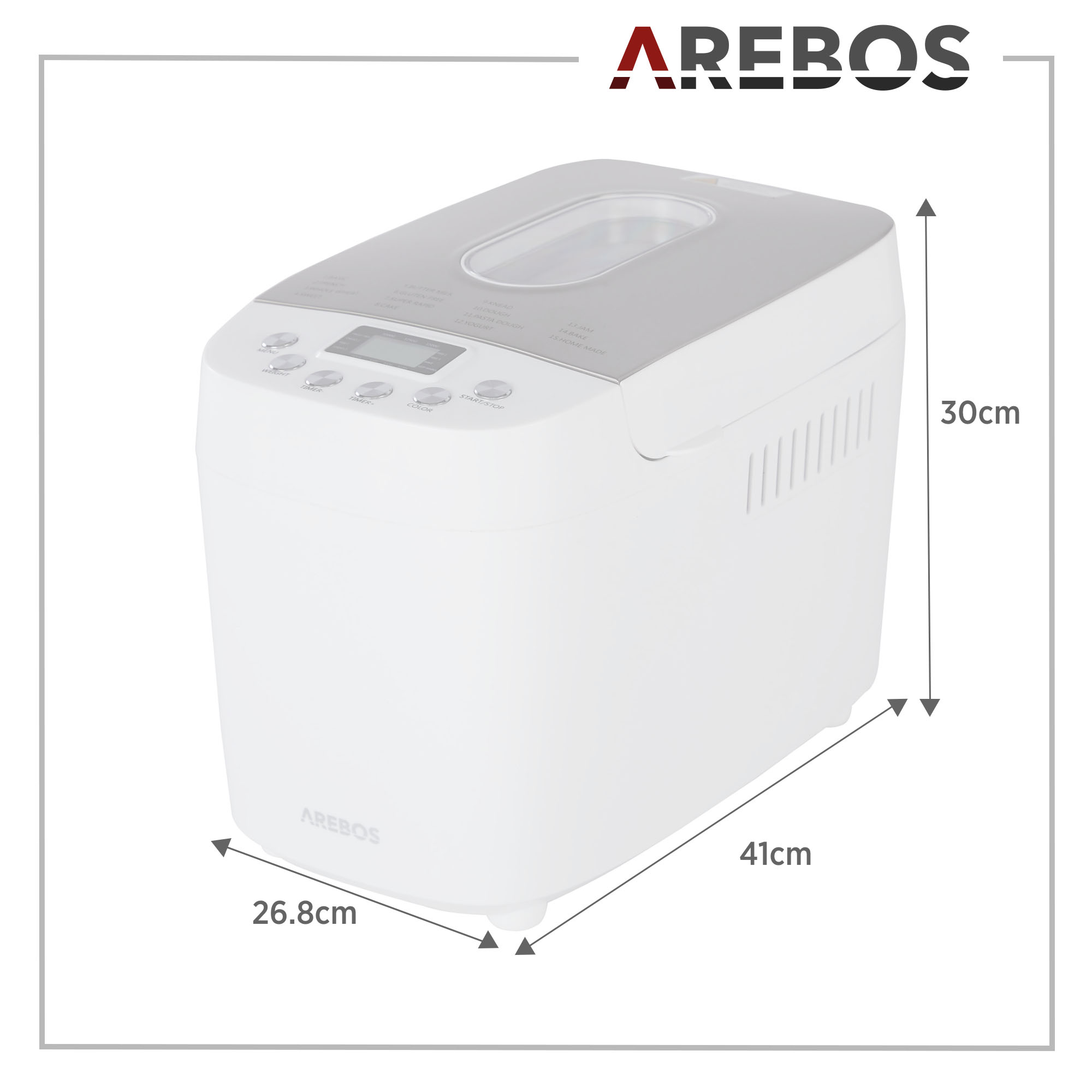 Ein weißer AREBOS Brotbackautomat mit Abmessungen auf weißem Hintergrund.