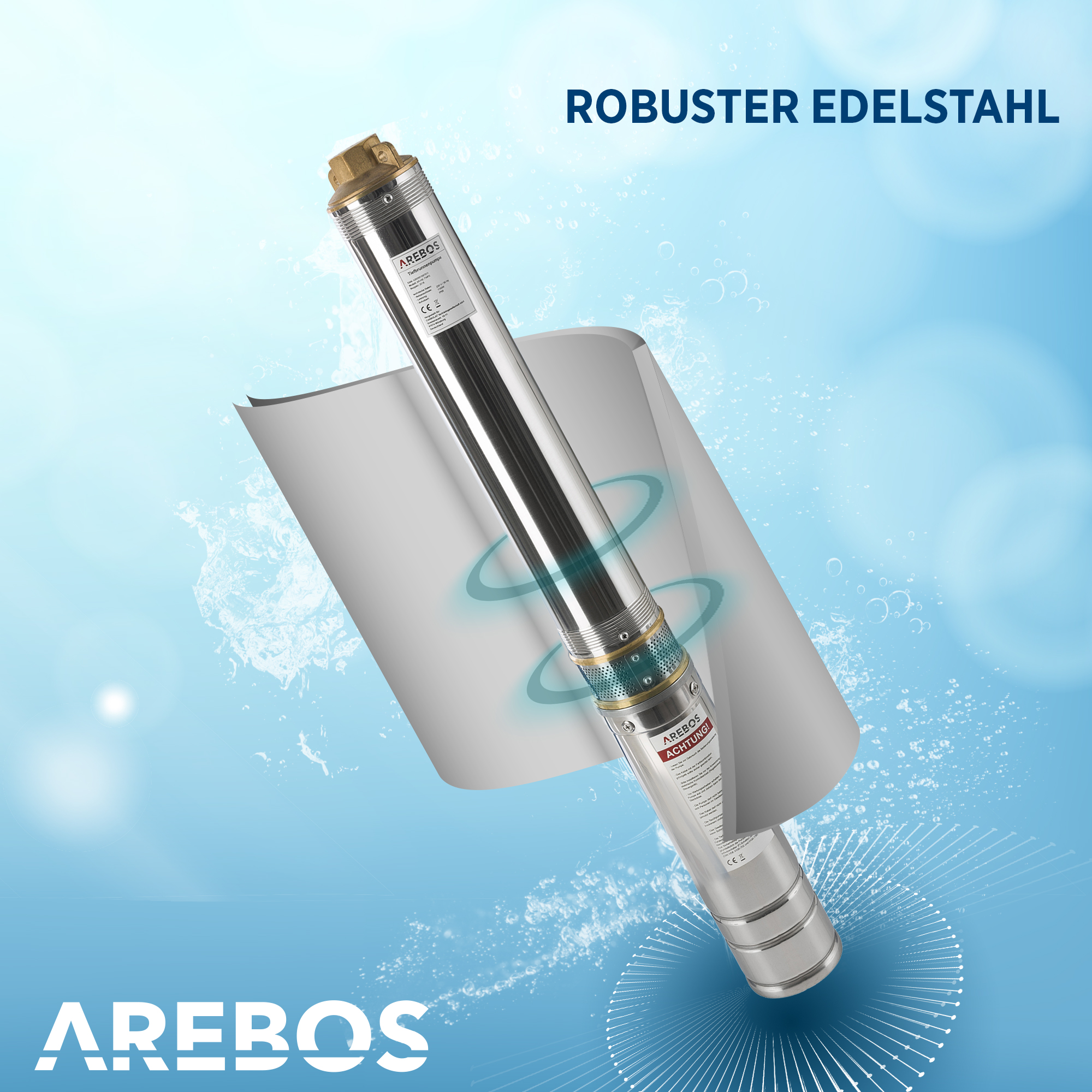 Tauchpumpe aus Edelstahl mit Text: „ROBUSTER EDELSTAHL“ und Wassereffekt.