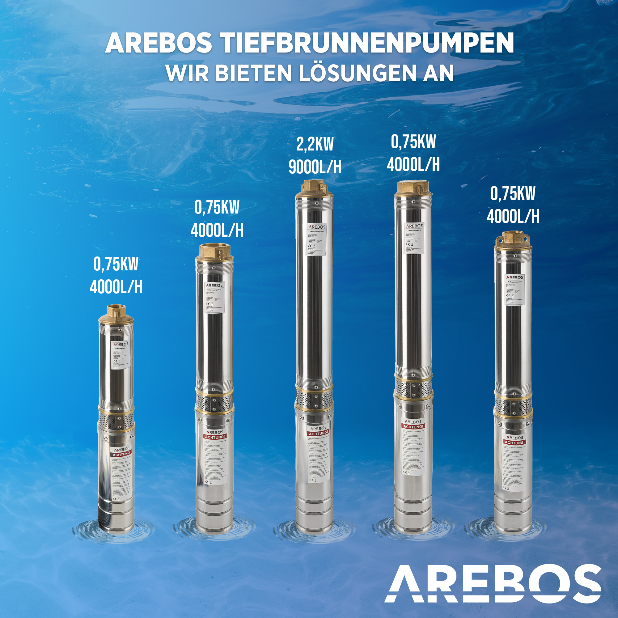 Mehrere Wasserpumpen im Wasser. Text lautet 'AREBOS TIEFBRUNNENPUMPEN' und Spezifikationen.
