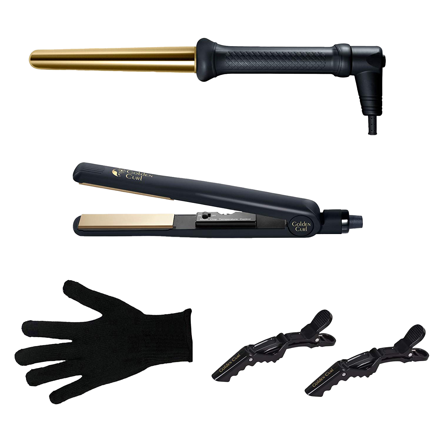 Haarstyling-Werkzeugset: Lockenstab, Glätteisen, Handschuhe und Haarspangen, alles in Schwarz und Gold.