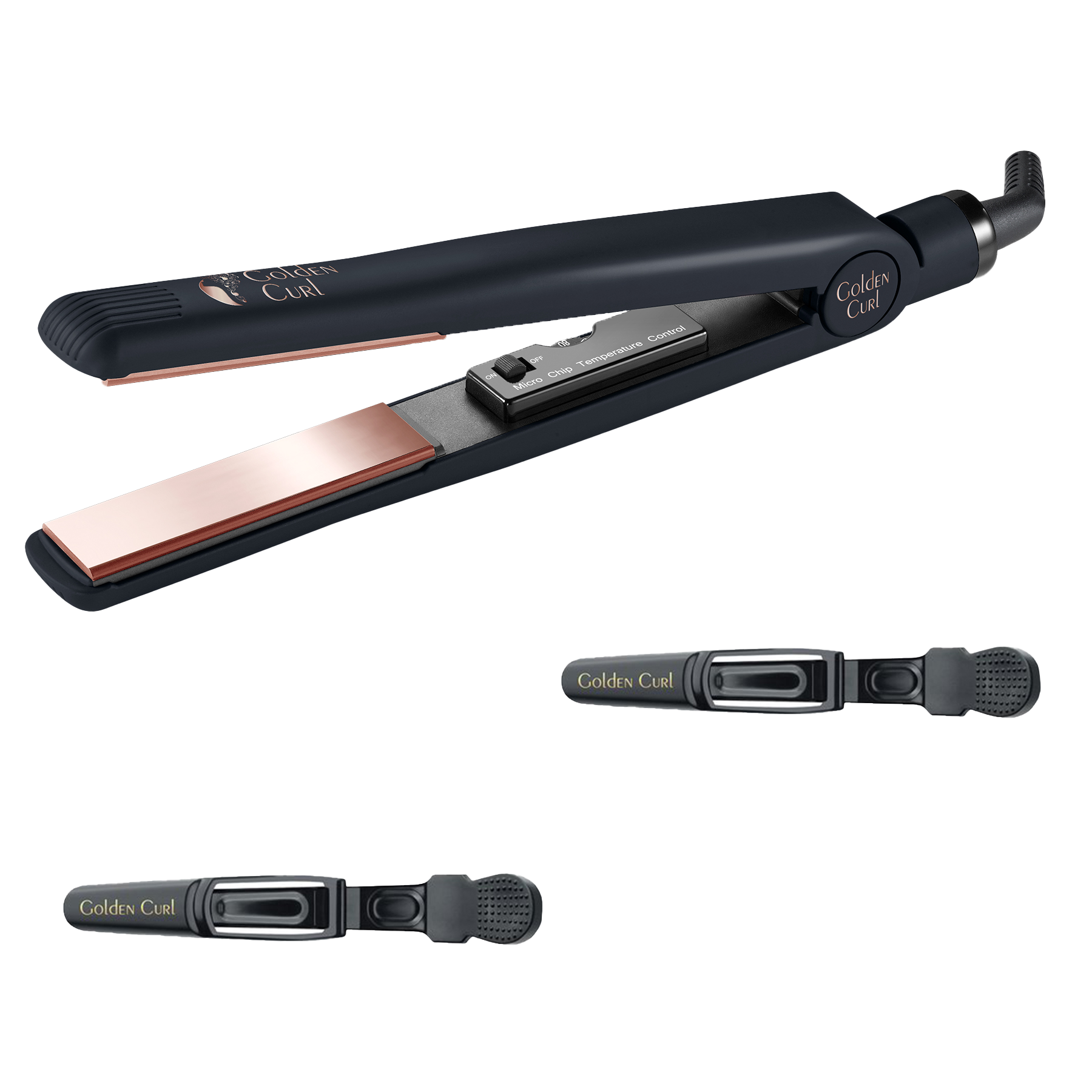 Schwarzer und roségoldfarbener Haarglätter und zwei Haarspangen auf schwarzem Grund.