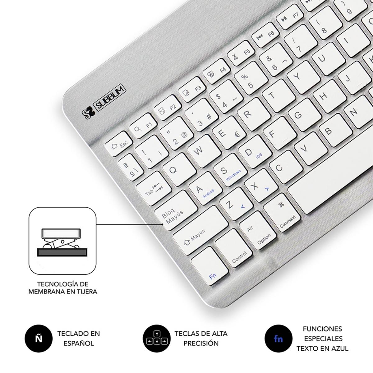 Silberne Tastatur mit weißen Tasten, spanisches Layout, mit Diagramm: Scherenmembran-Technologie.
