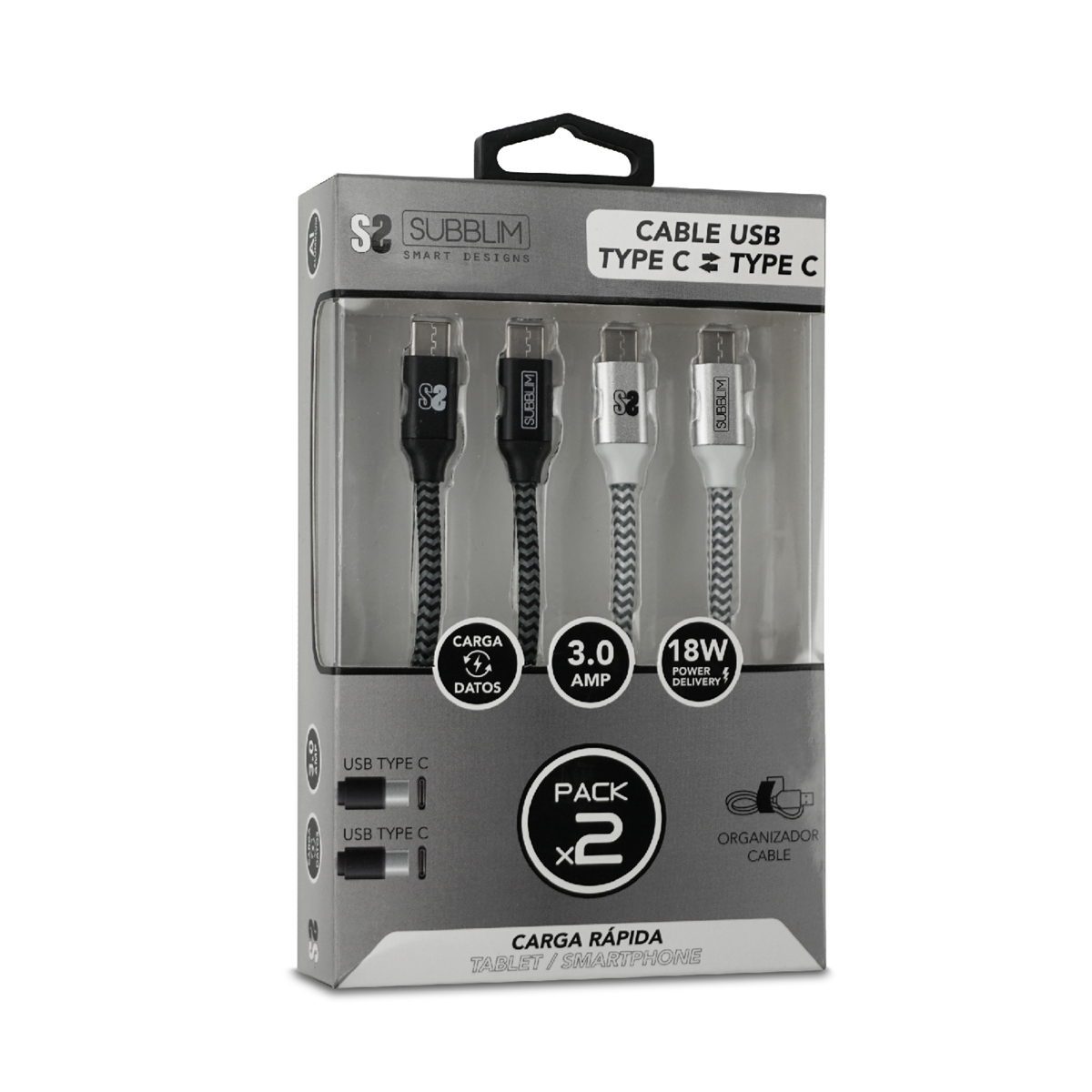 Paquete de cables USB con dos cables. Cables negros y plateados sobre fondo blanco.