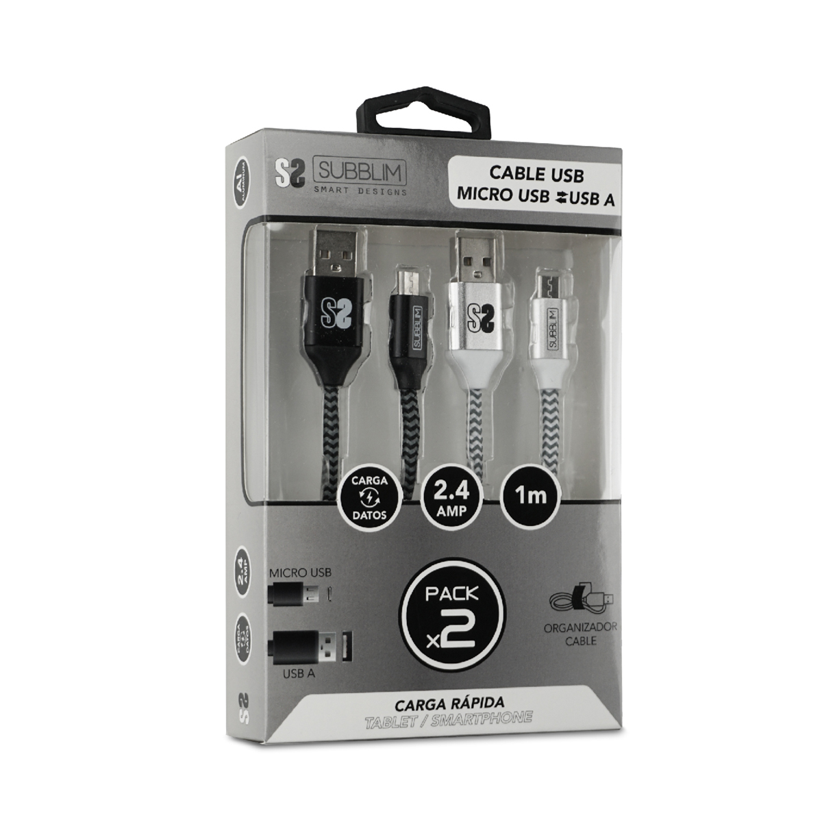 Paquete de cable USB blanco y negro. Características: dos cables, 2,4 amperios y micro USB a USB A. La etiqueta dice 'SUBBLIM'.
