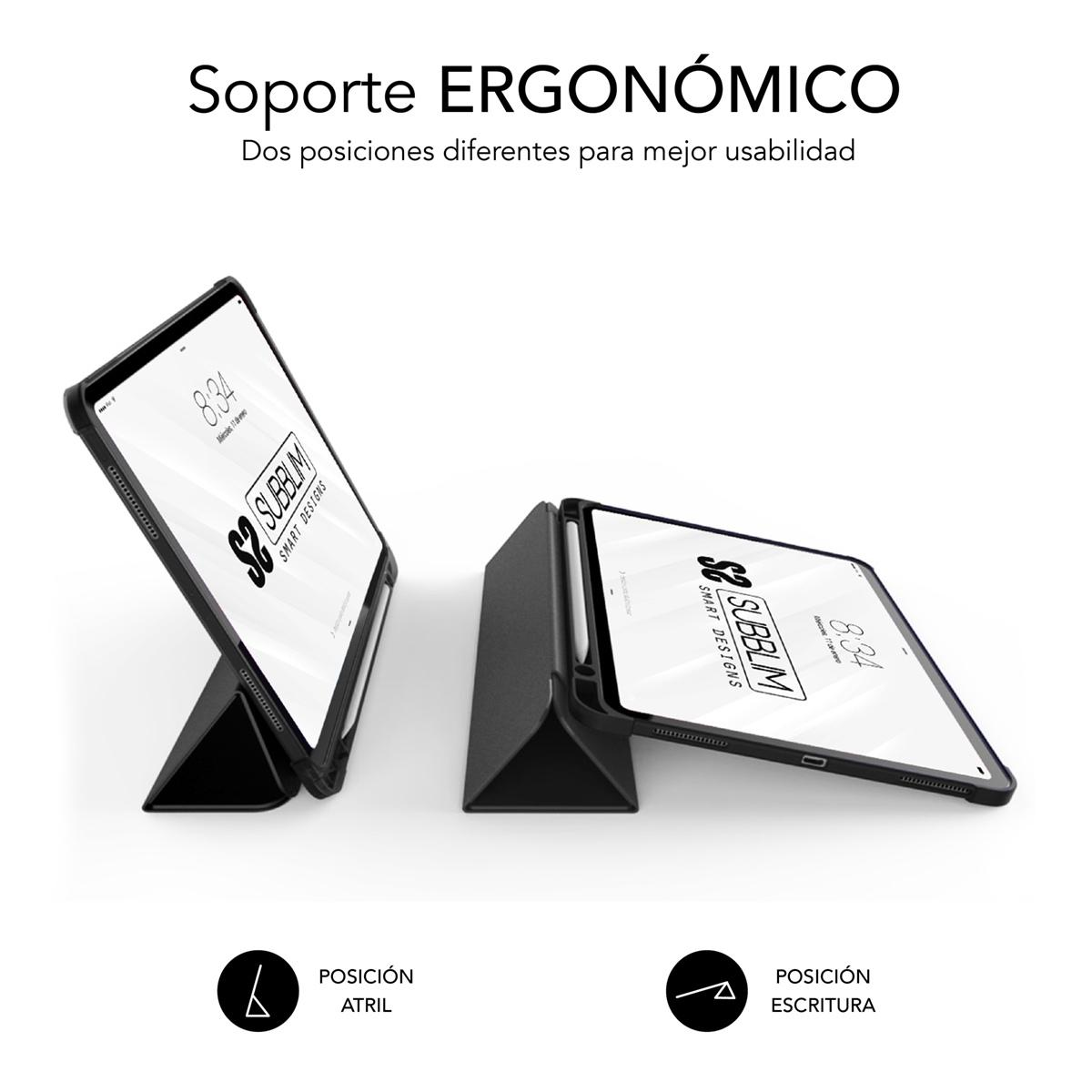 Tableta negra en dos posiciones sobre un soporte.