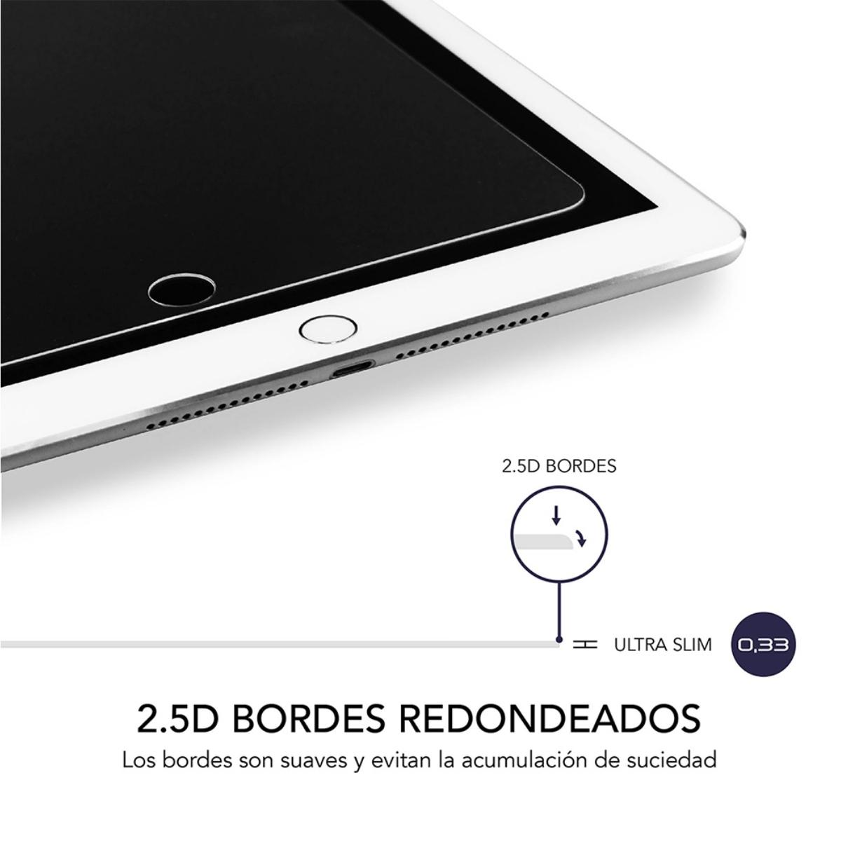 Protector de pantalla de tableta con bordes redondeados y diagrama del diseño ultradelgado.