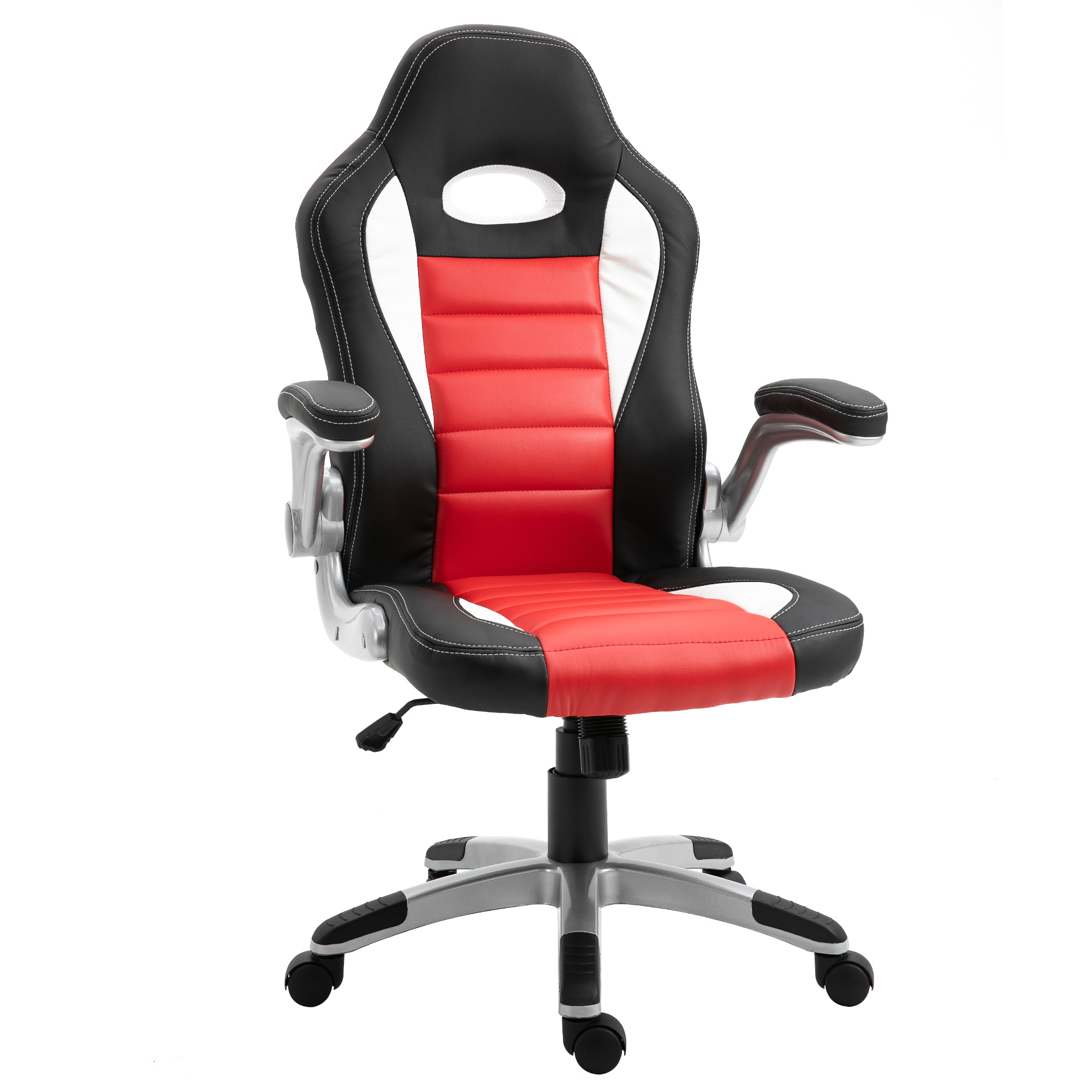 Silla gaming - ergonómica, altura ajustable, reposabrazos abatibles, cuero sintético HOMCOM, 120,00 kg, Negro, Rojo, Blanco