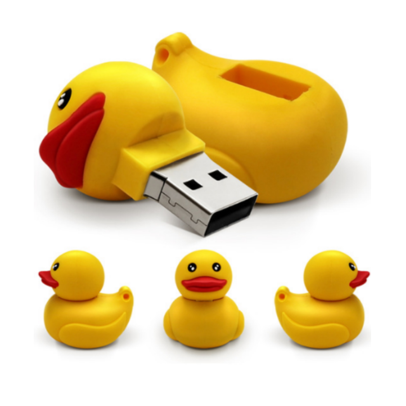 Ein gelber Enten-USB-Stick mit drei kleinen Entenfiguren.