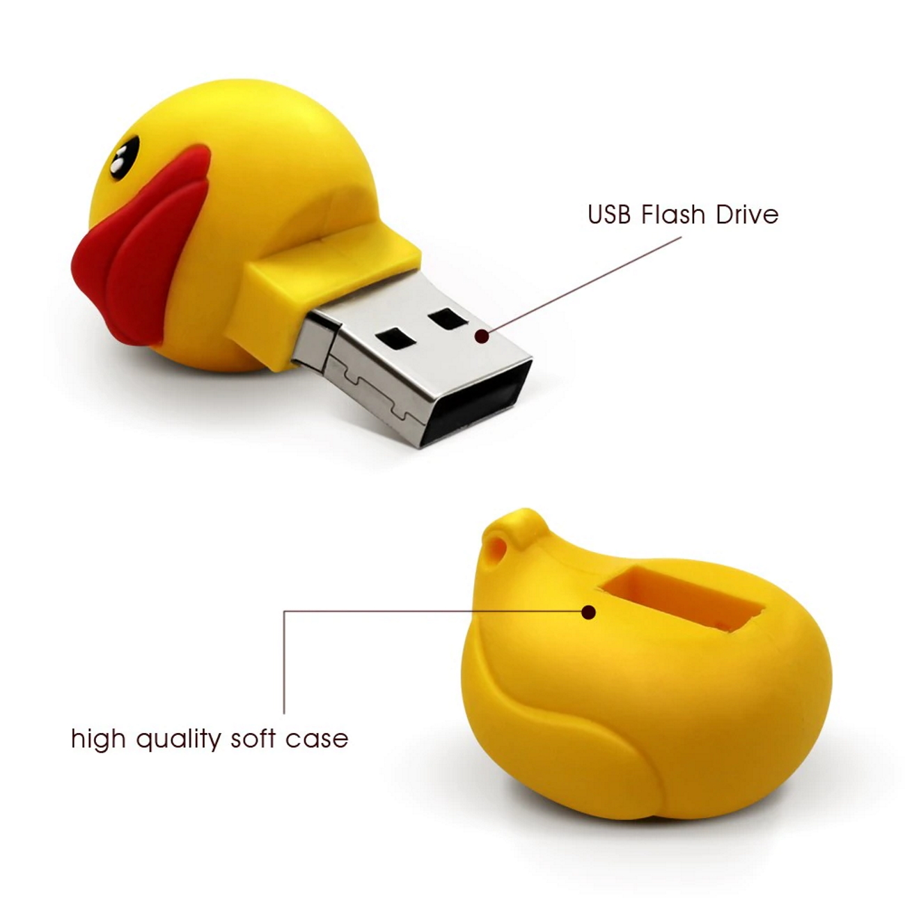 Gelber USB-Stick in Entenform mit hochwertiger Soft-Hülle. Der USB-Teil ist silbern.