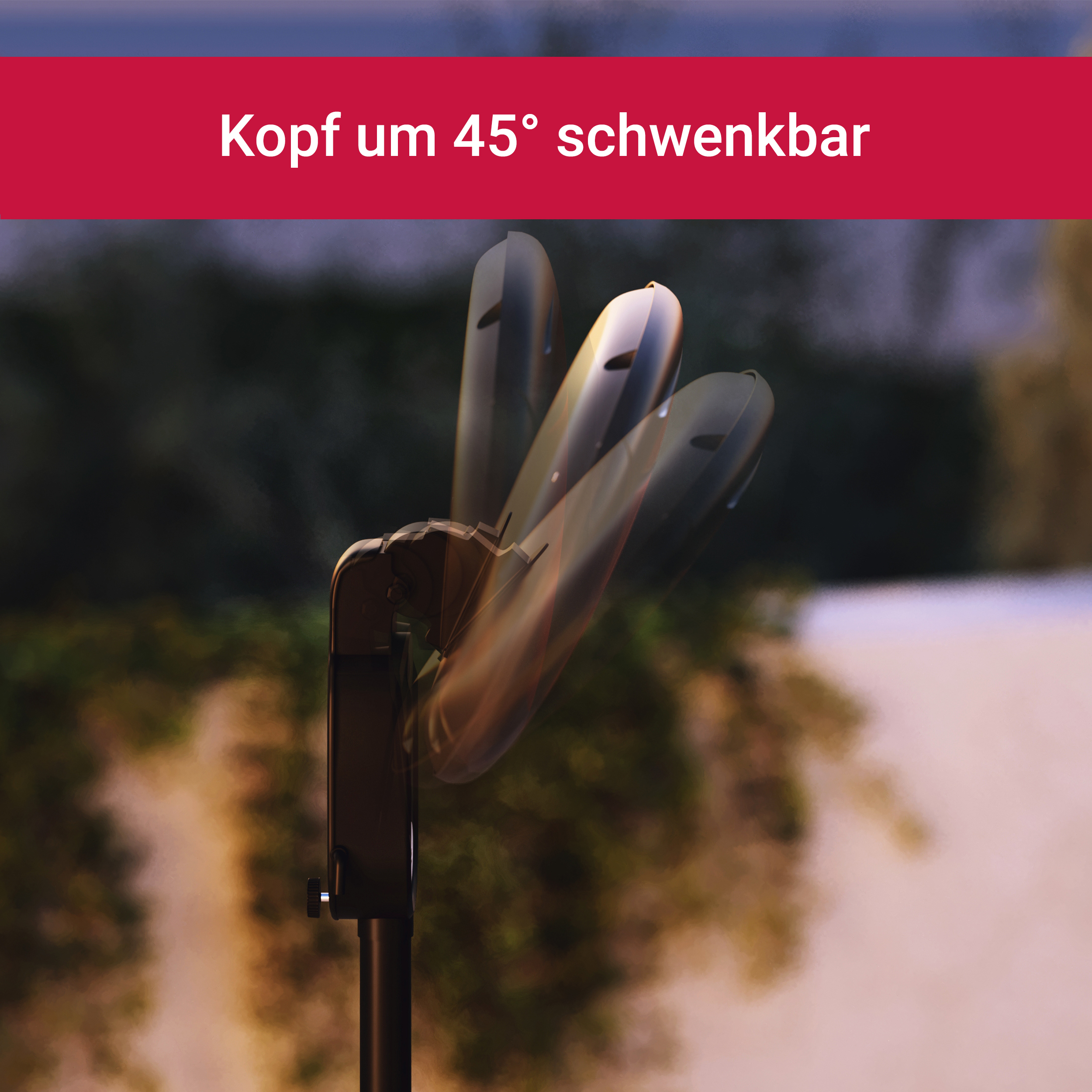 Schwarzer Ständer, drehbarer Kopf. Text: Kopf um 45 Grad schwenkbar.
