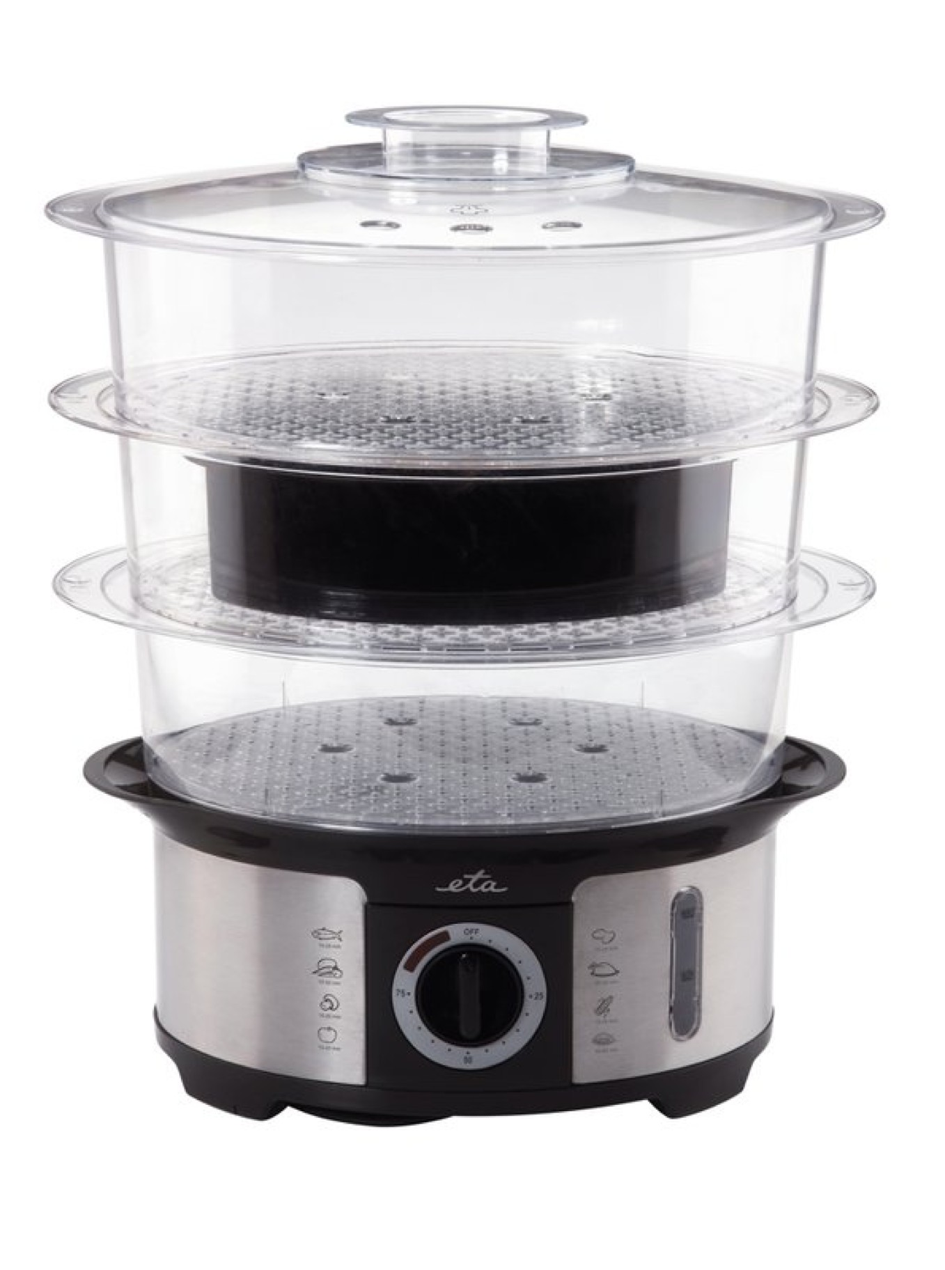 Una vaporiera a tre livelli. La vaporiera ha contenitori trasparenti e una base nera.