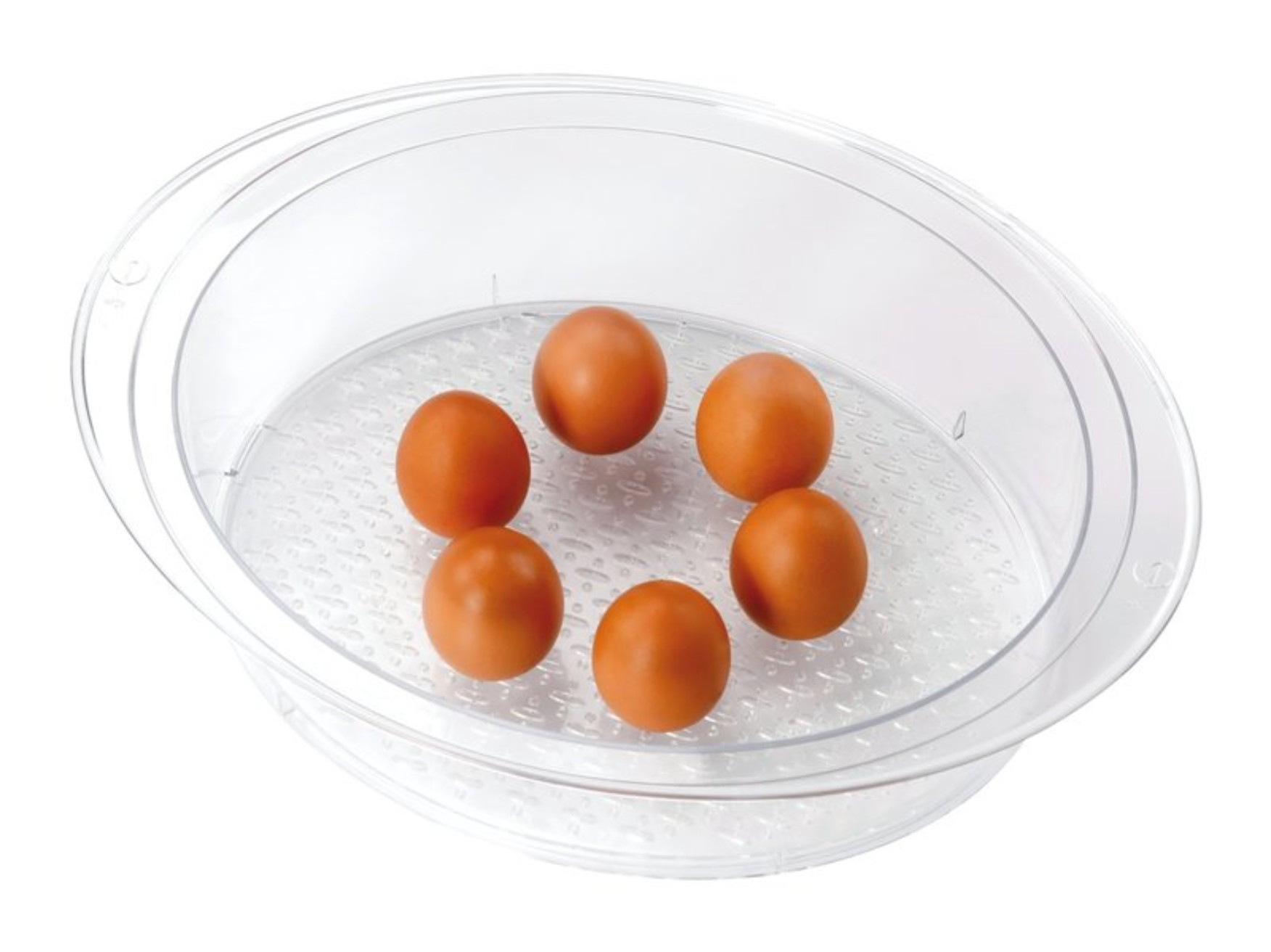 Sei uova marroni in un contenitore ovale di plastica trasparente.