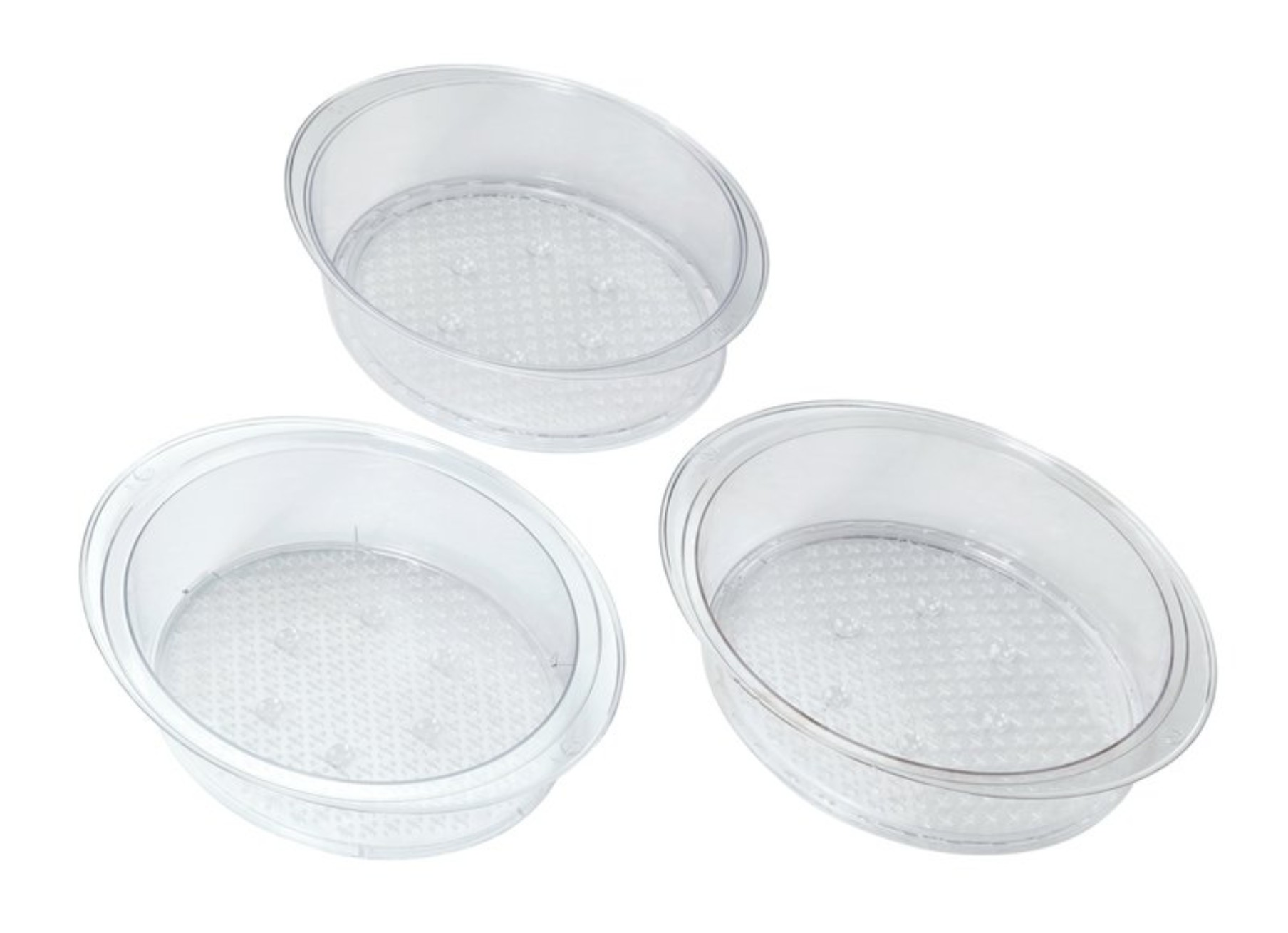 Tre contenitori in plastica trasparenti, ovali, con motivo a griglia sul fondo.