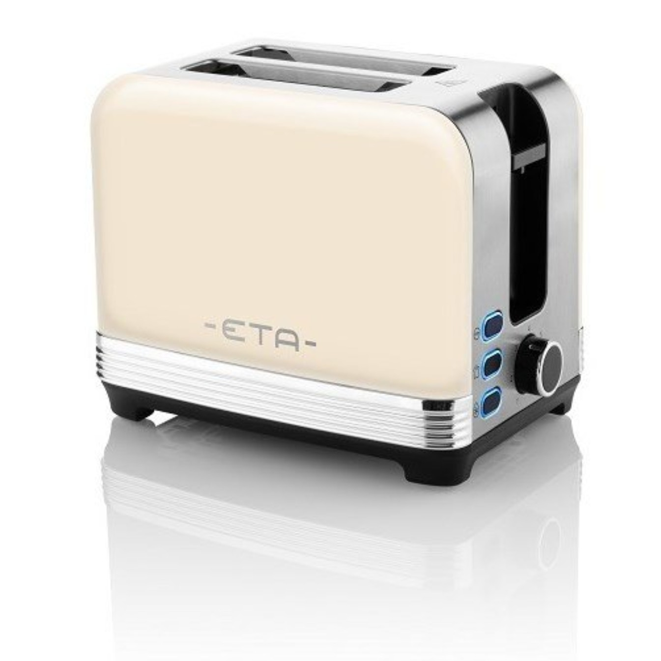 Cremefarbener Toaster mit Chromakzenten auf weißem Hintergrund.