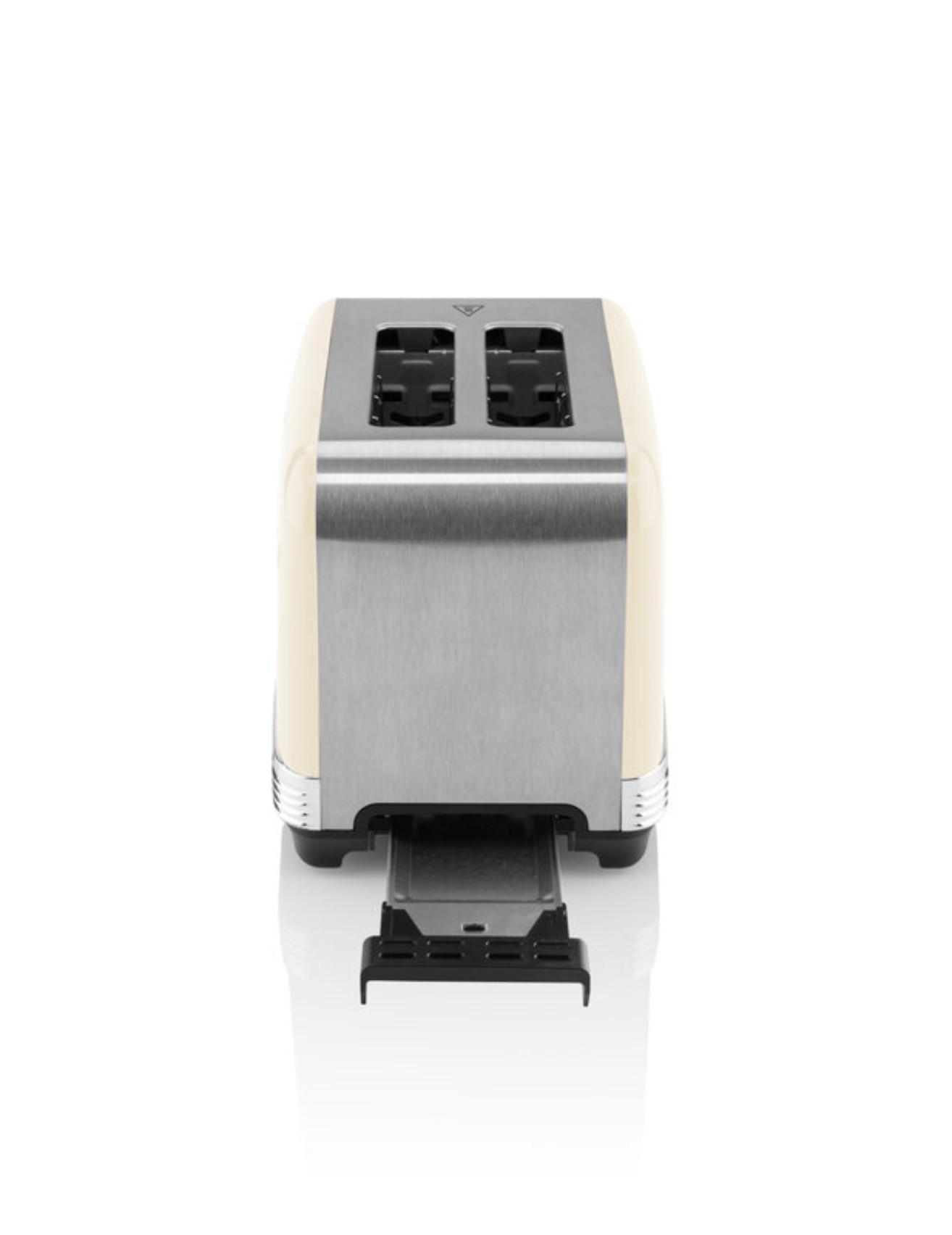 Ein cremefarbener Toaster mit Edelstahlfront, auf weißem Hintergrund.