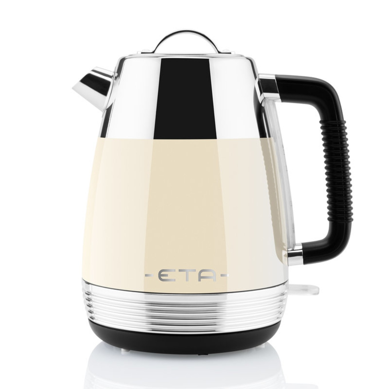 Cream-colored electric kettle with black handle and base. The brand is ETA, on a white background.