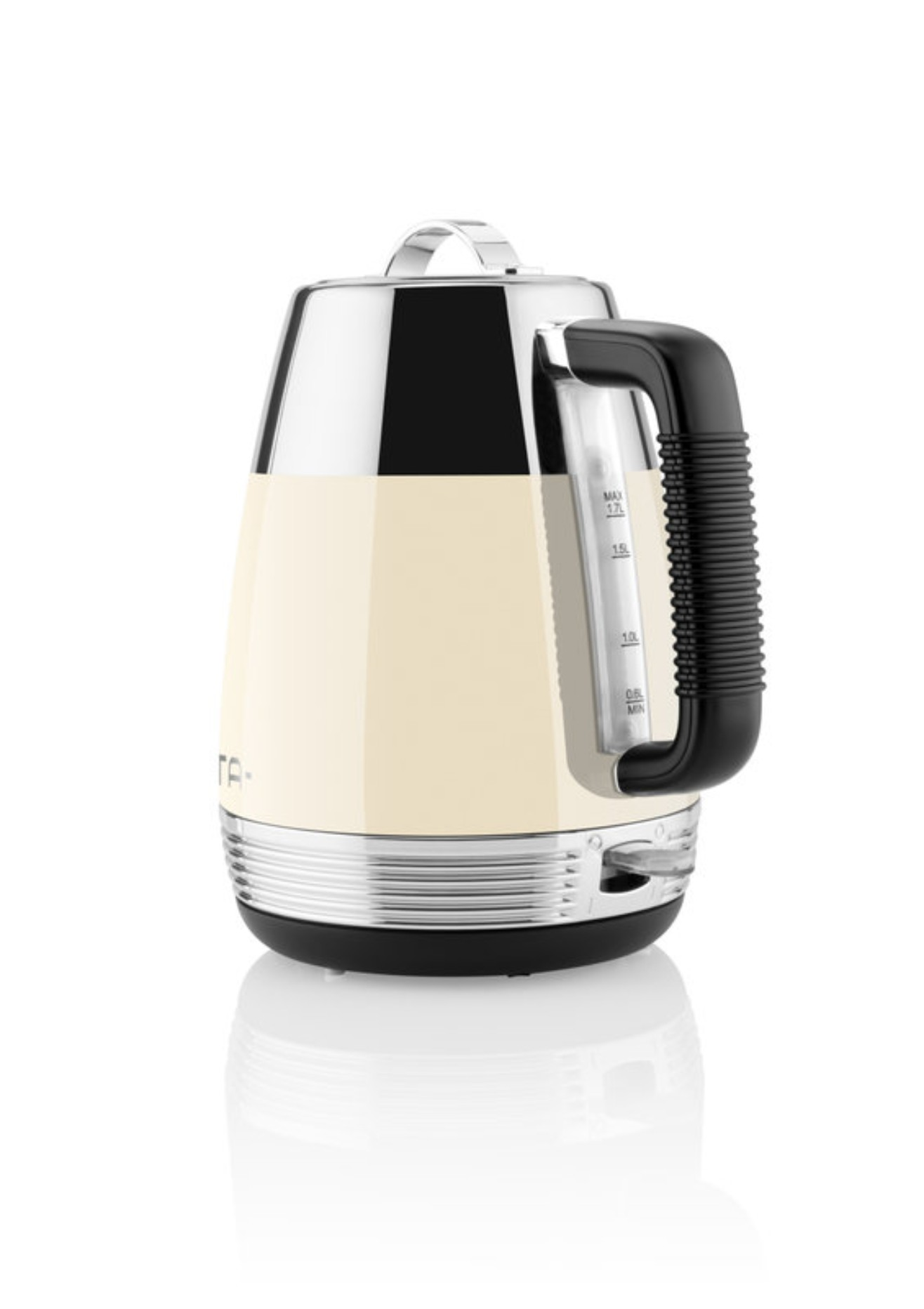 Cream-colored electric kettle with black handle and accents, white background.