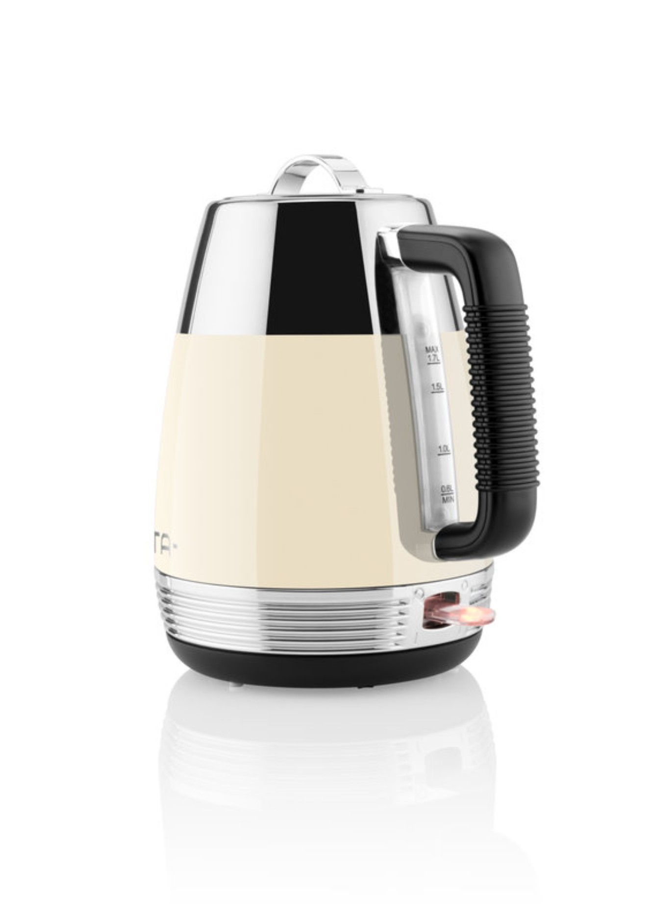 Cream electric kettle, black handle, chrome accents. White background.