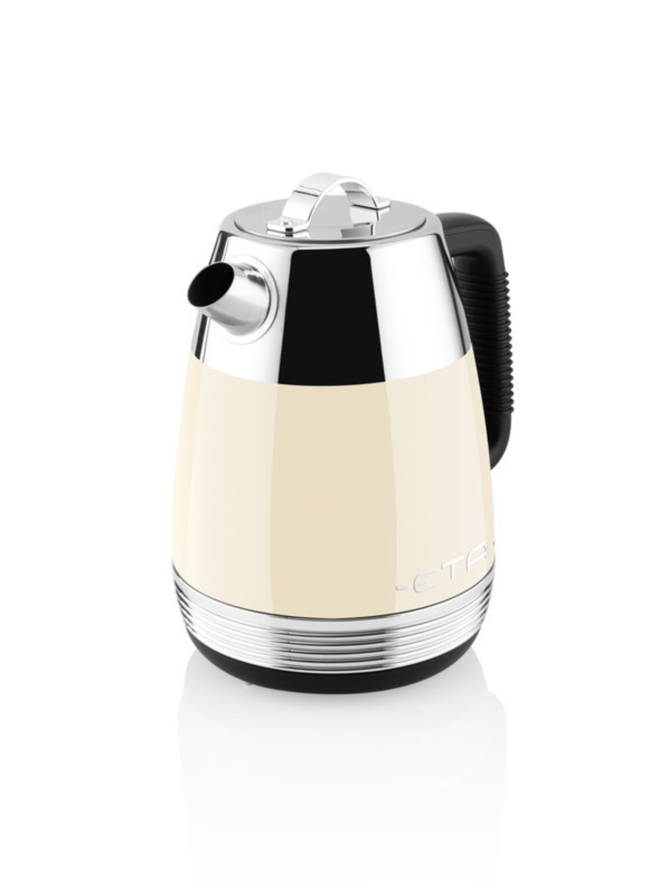 Cream-colored electric kettle with a black handle and silver accents. The kettle is on white.