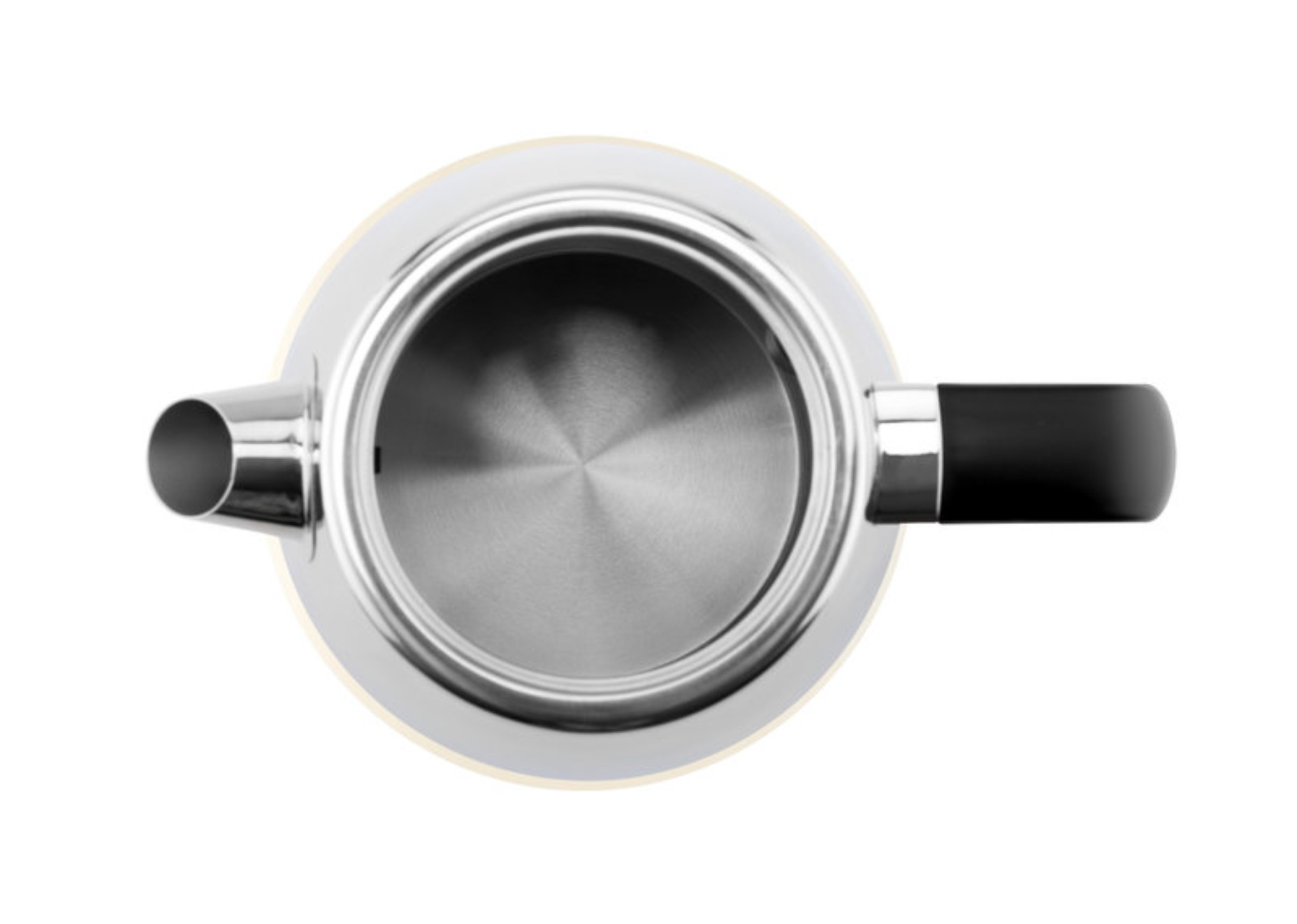 White kettle interior, stainless steel, with black handle and spout. Viewed from above.