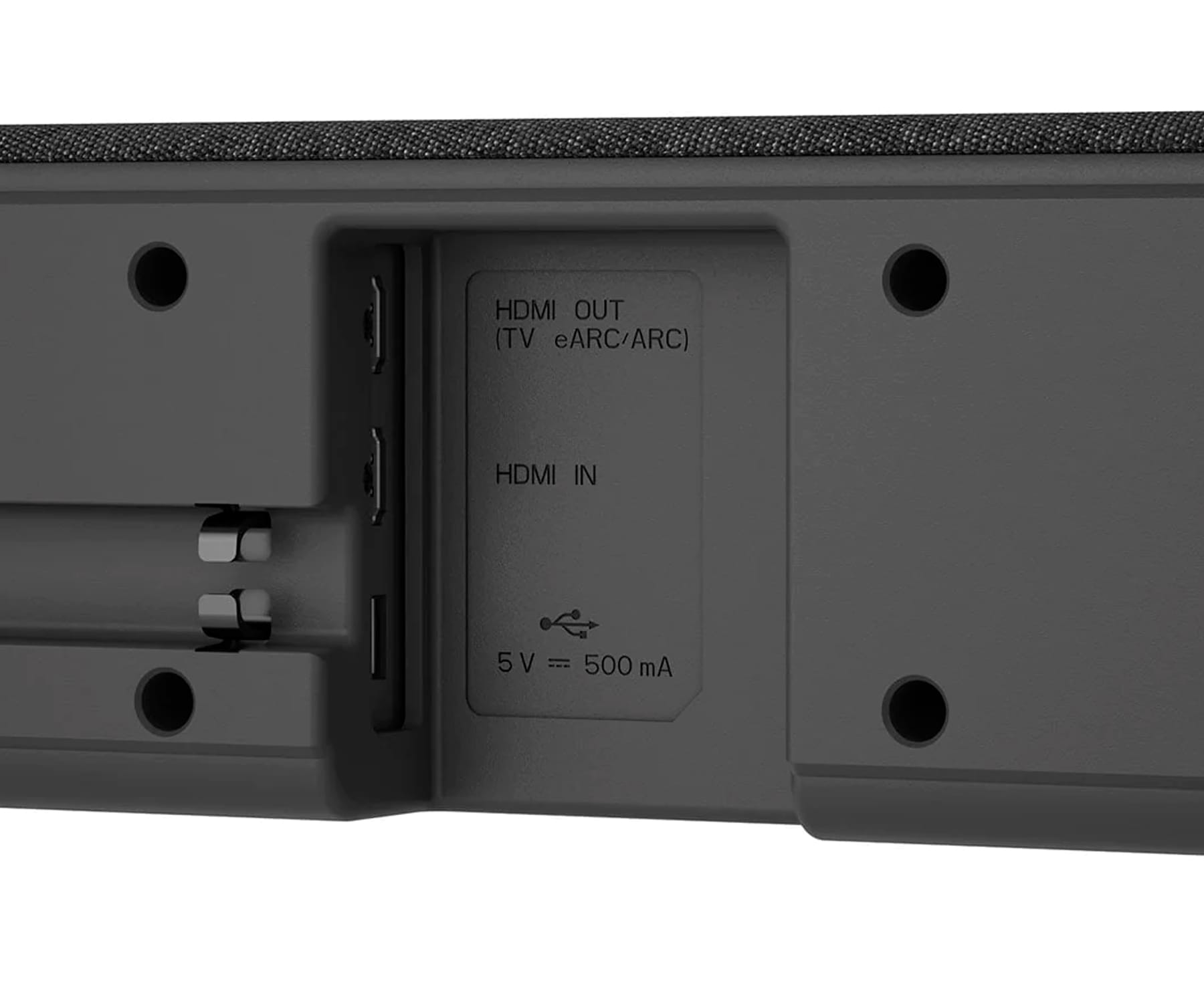 Nahaufnahme der Rückseite einer schwarzen Soundbar. Anschlüsse: HDMI Aus, Ein und USB.