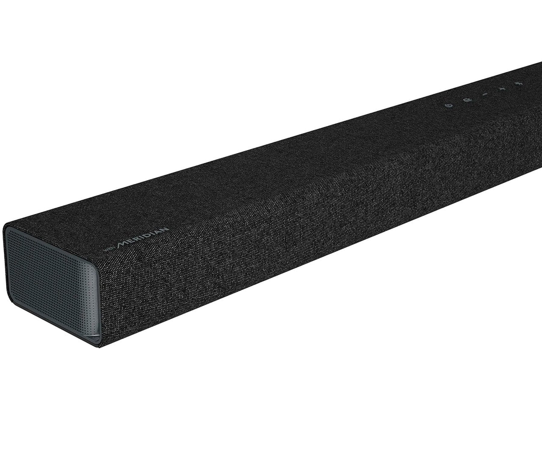 Schwarze Soundbar, stoffbezogen. Verfügt über ein dunkelgraues Ende mit Meridian-Logo.