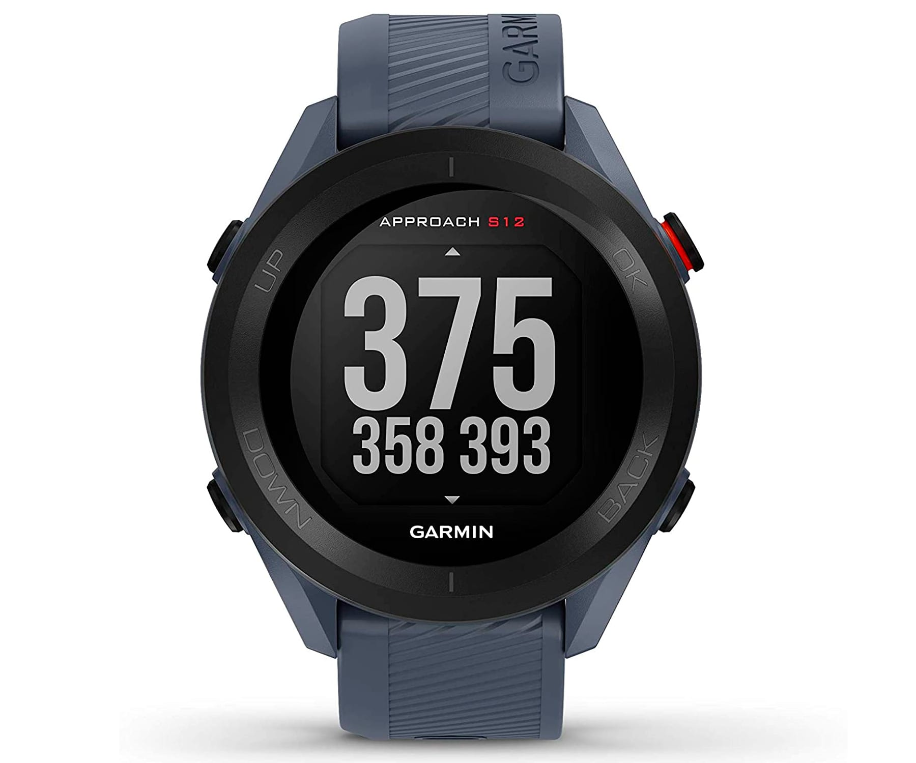 Zegarek golfowy Garmin Approach S12 wyświetla liczby i przyciski na czarnym ekranie, niebieski pasek.