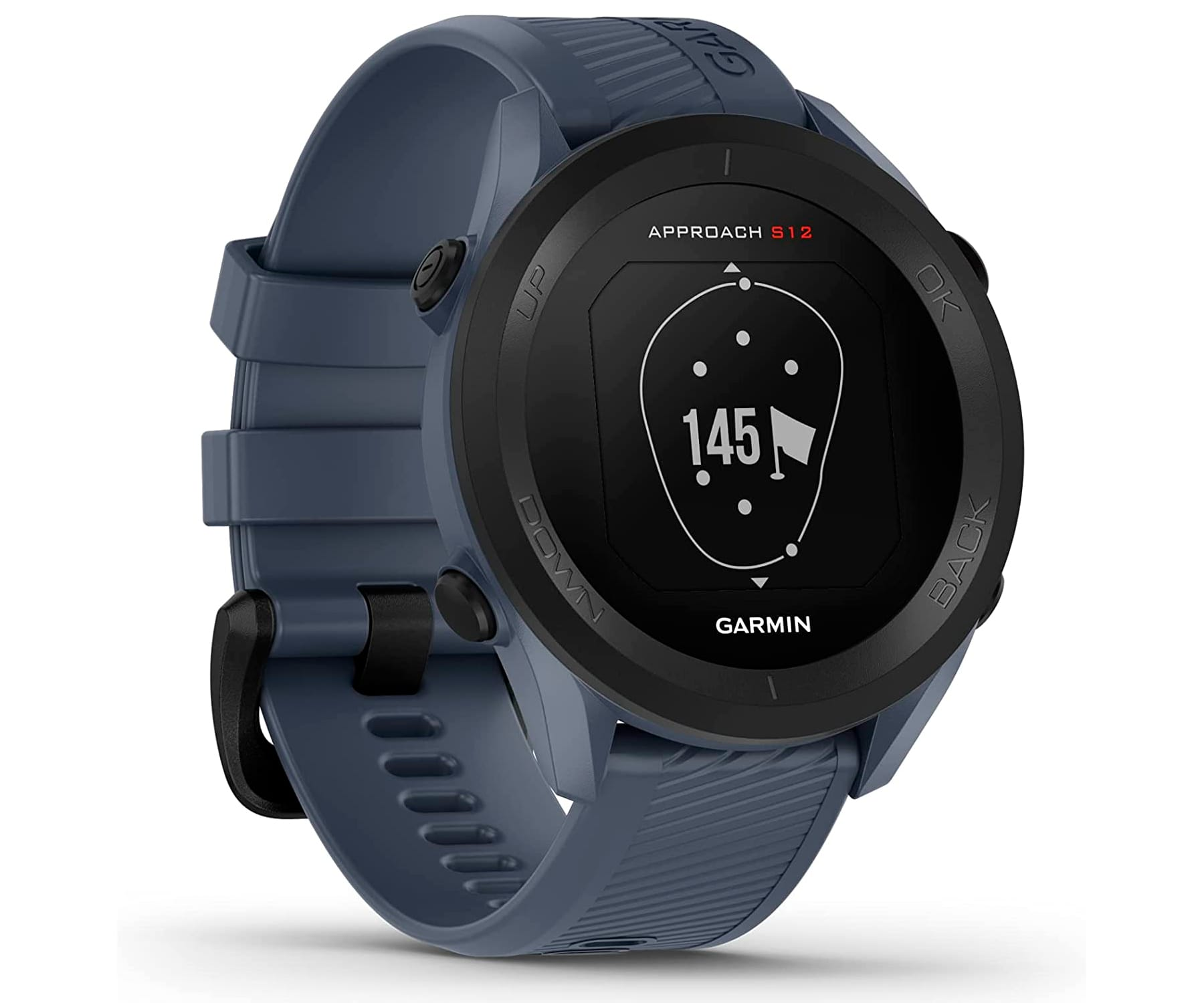 Granatowy smartwatch Garmin Approach S12 z wyświetlaczem pola golfowego.