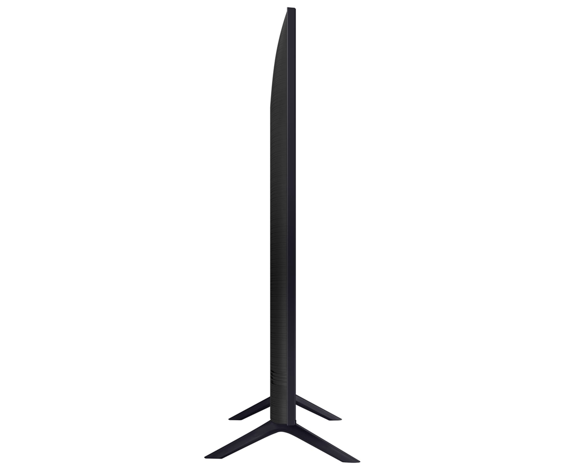 Widok z boku czarnego, nowoczesnego telewizora ze stojakiem. Ekran jest ciemny.