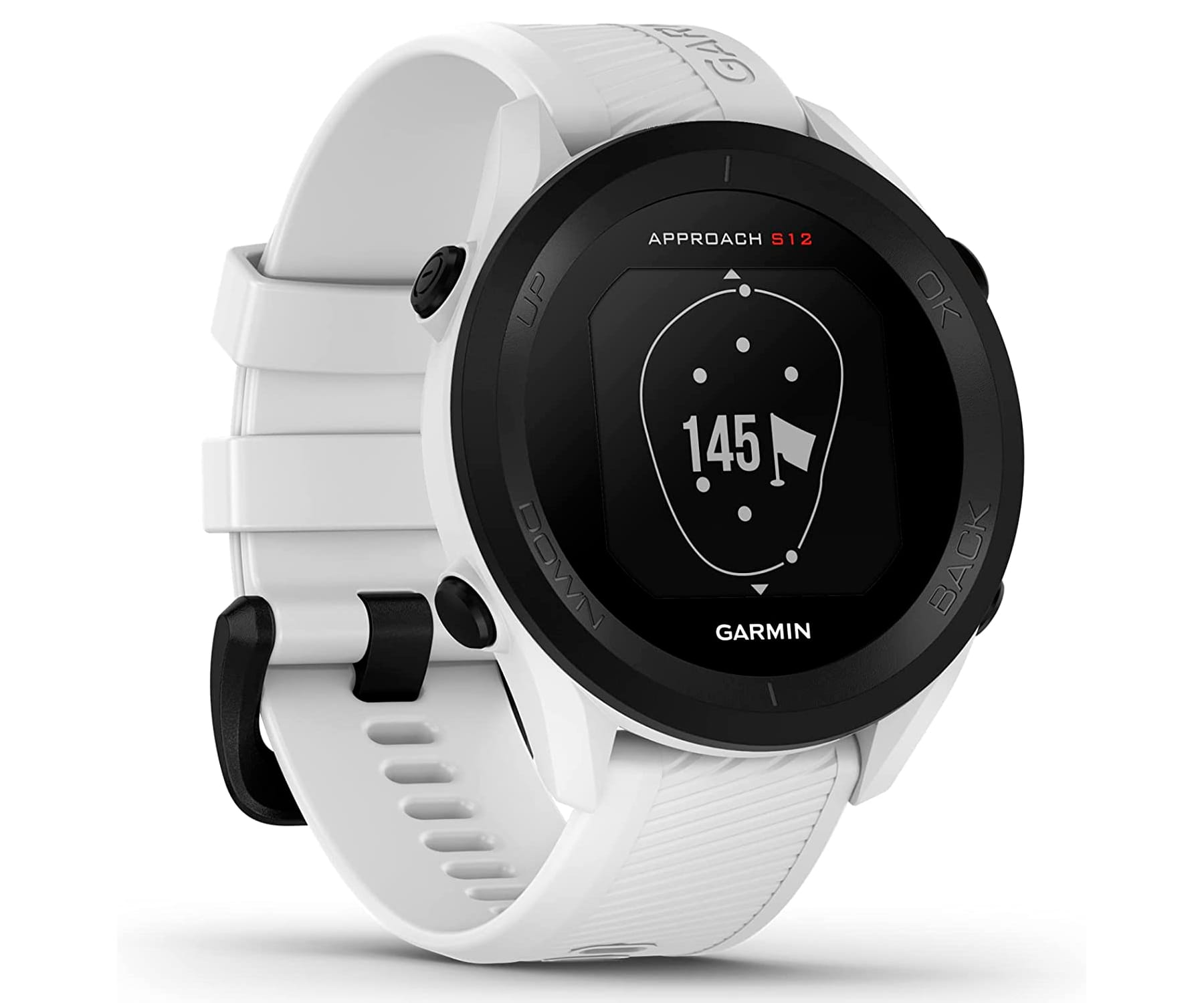 Biały zegarek golfowy Garmin Approach S12 z czarnym ekranem wyświetlającym układ pola golfowego.