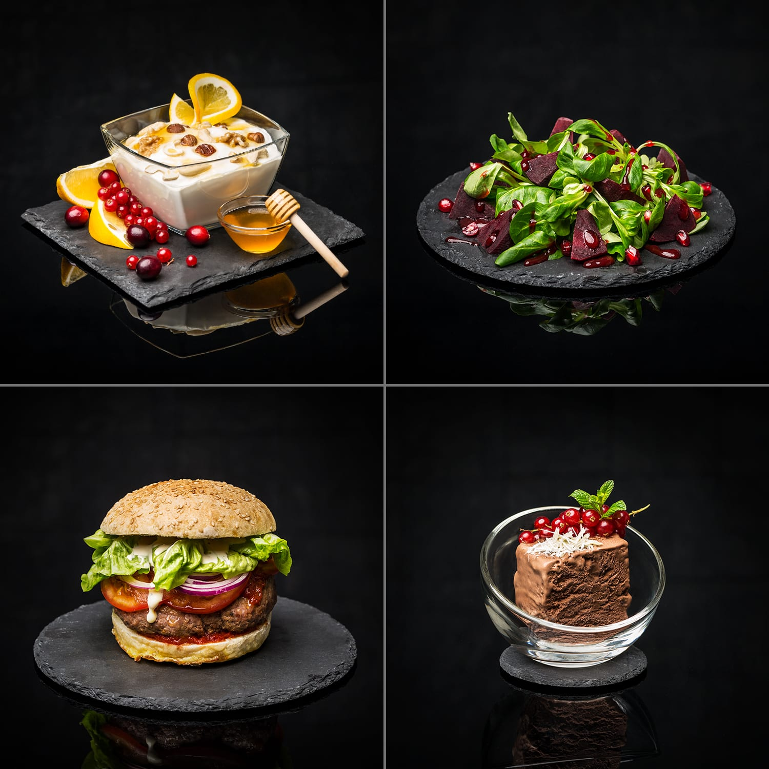 Vier Lebensmittelkompositionen: Joghurt, Salat, Burger und ein Dessert.