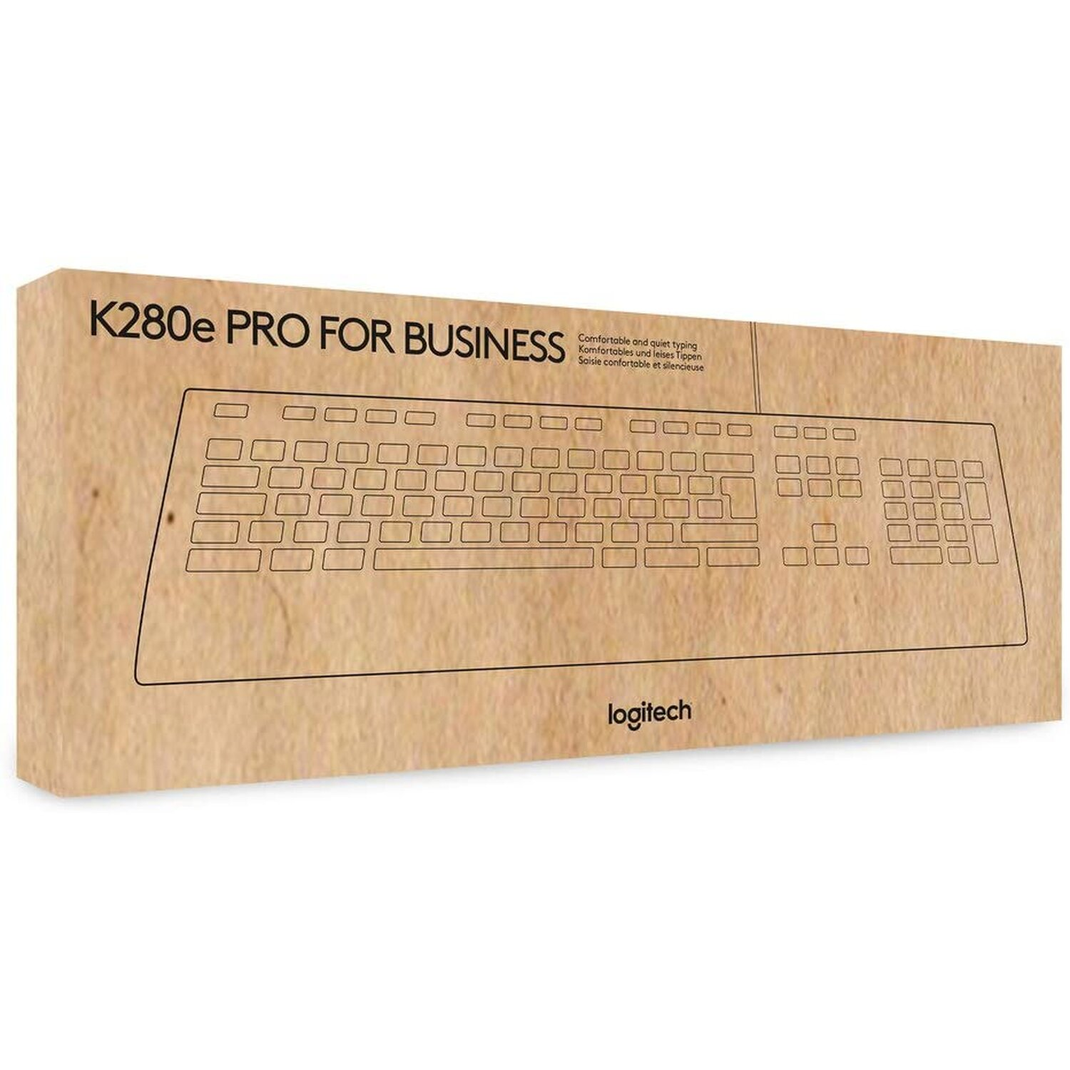 Kartonowe pudełko z obrysem klawiatury. Marka to Logitech. Tekst: K280e PRO FOR BUSINESS.