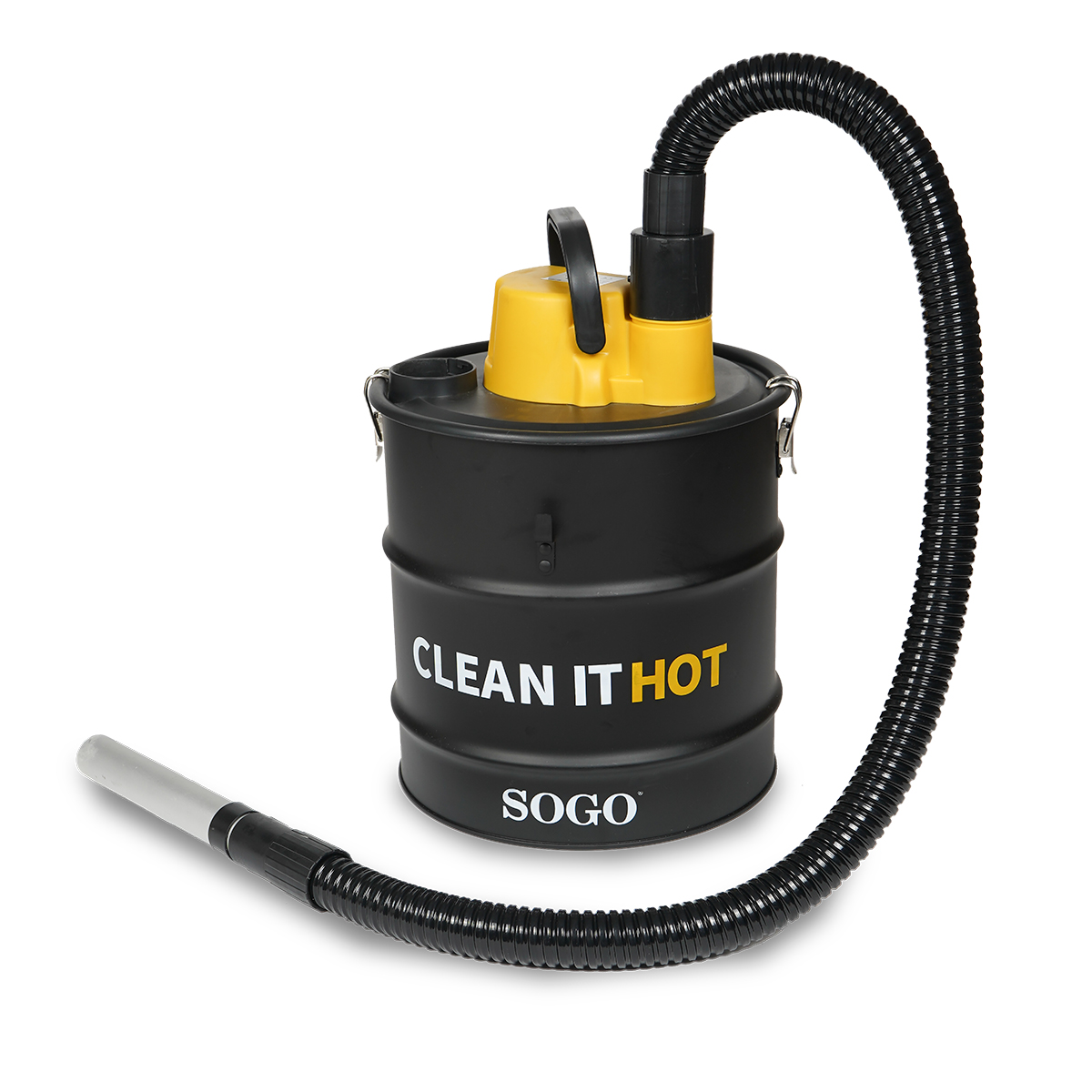 Aspirapolvere SOGO nero e giallo. Ha un tubo e un ugello, con la scritta "CLEAN IT HOT".