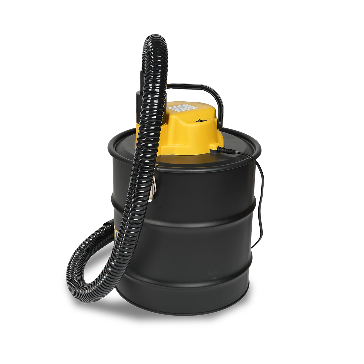 Aspirapolvere nero e giallo, cilindrico, con un tubo e una maniglia sopra.