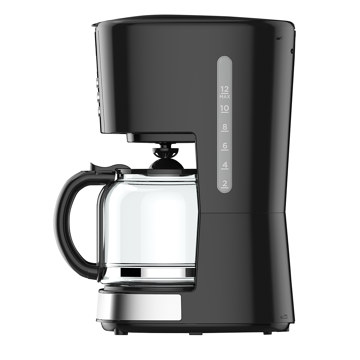 Czarny ekspres do kawy ze szklaną karafką i wskaźnikiem poziomu wody, widok z boku, na białym tle.