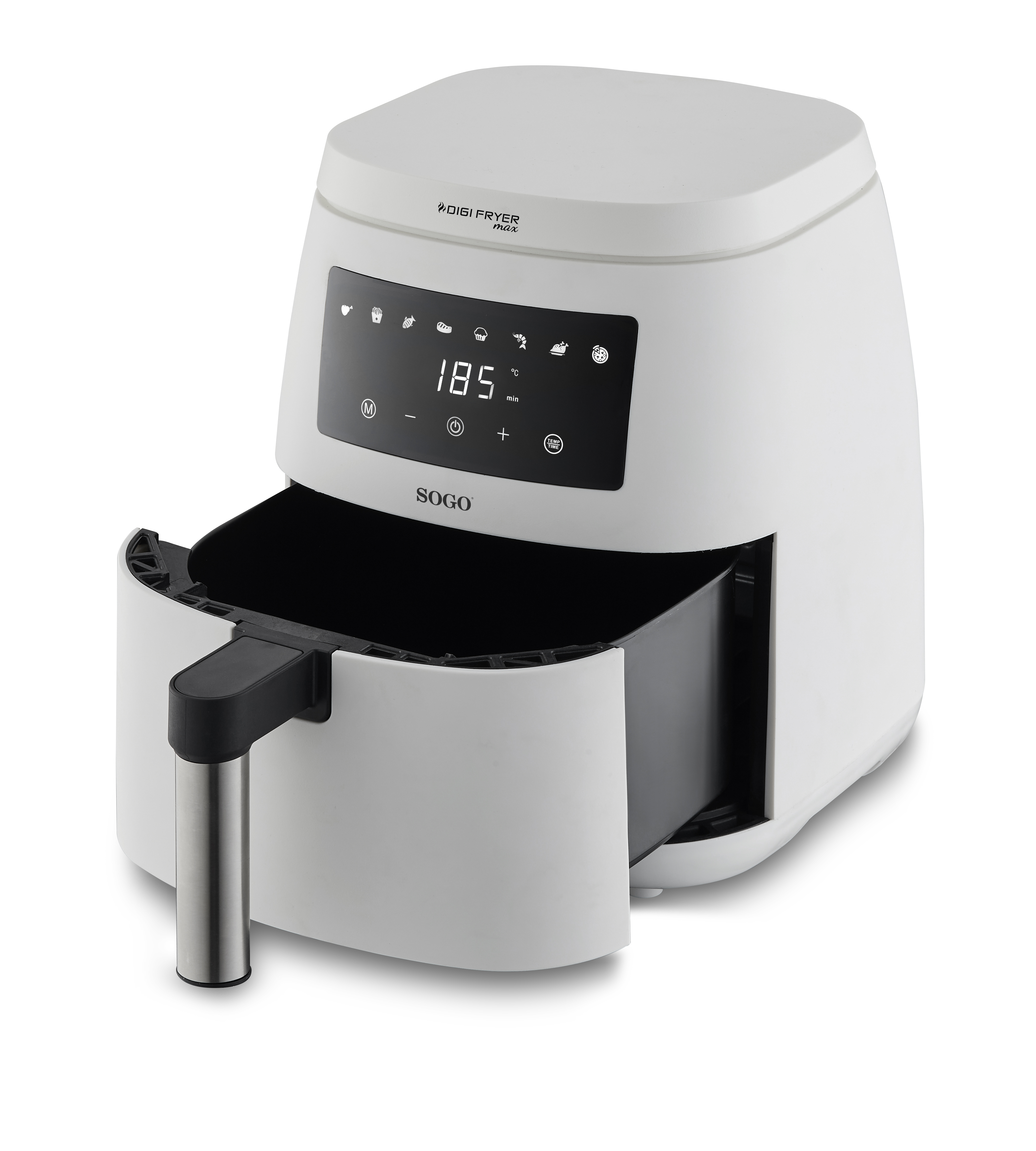 Friggitrice ad aria bianca con manico nero e cassetto aperto, con display digitale.