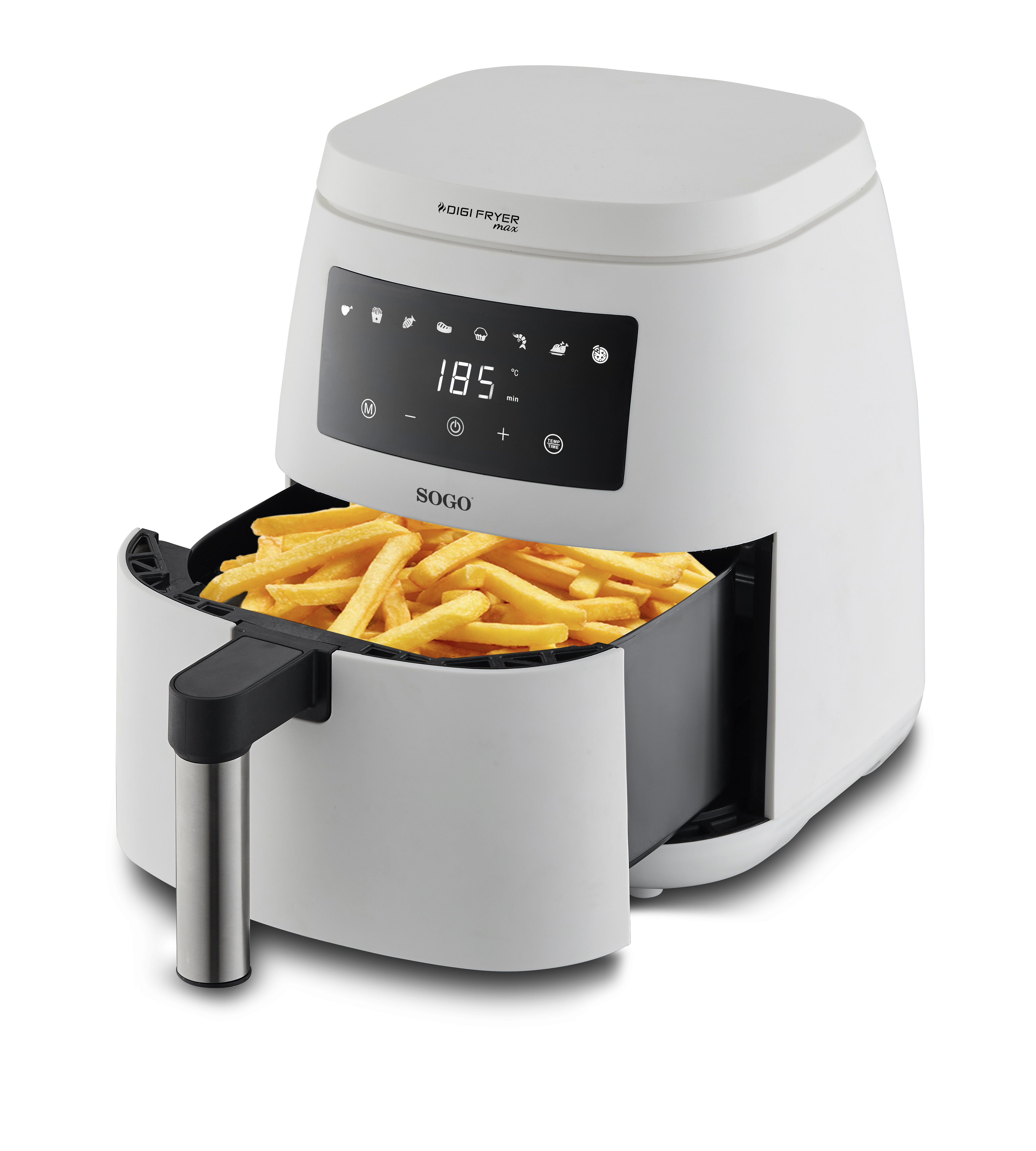 Friggitrice ad aria bianca con manico nero, aperta per mostrare patatine fritte, su una superficie bianca.